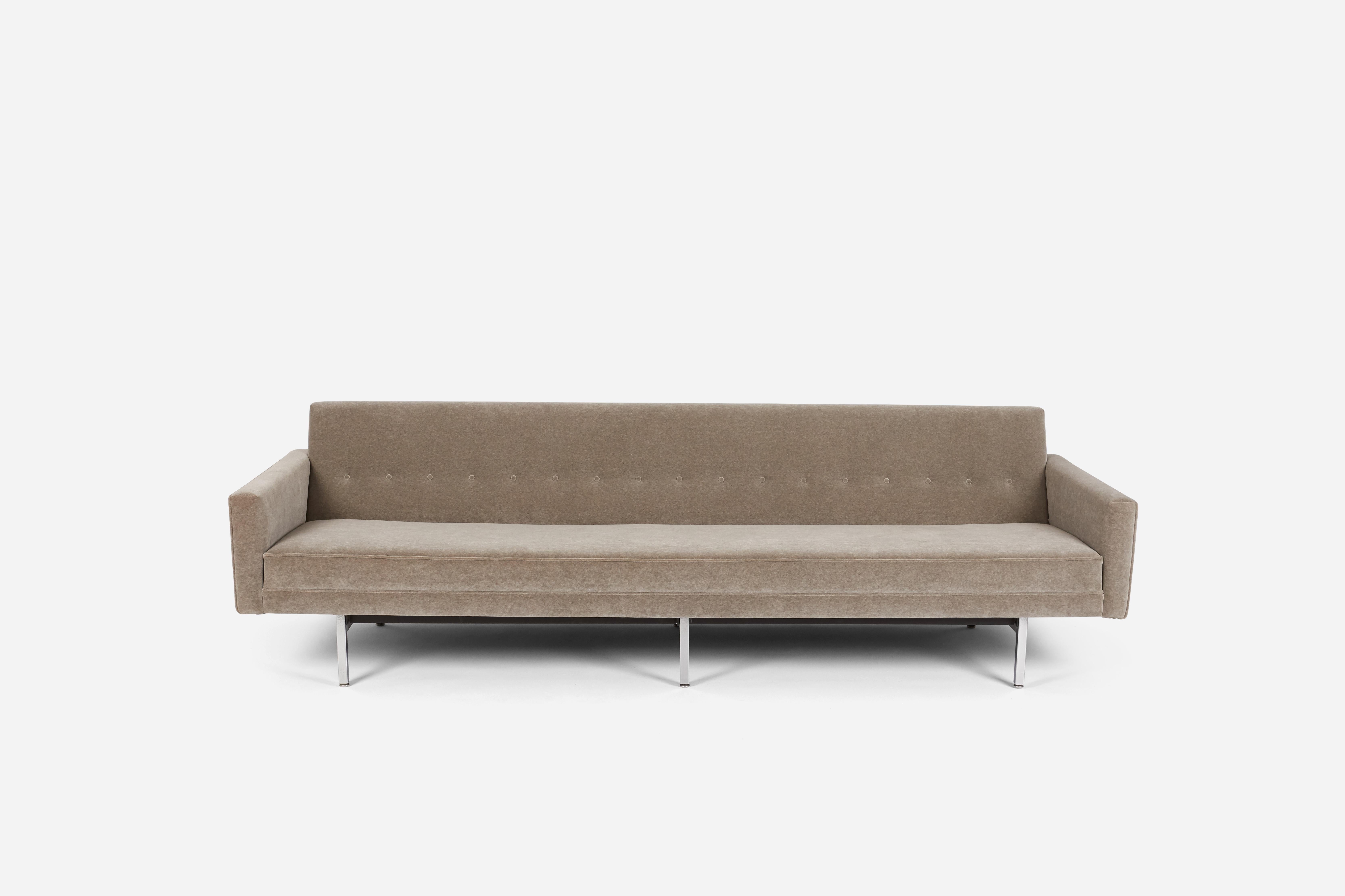 8ft sofa designed by George Nelson for Herman Miller. Model 0693, modular sofa. A Classic Nelson design. Newly upholstered in low pile velvet on brushed stainless steel frame.