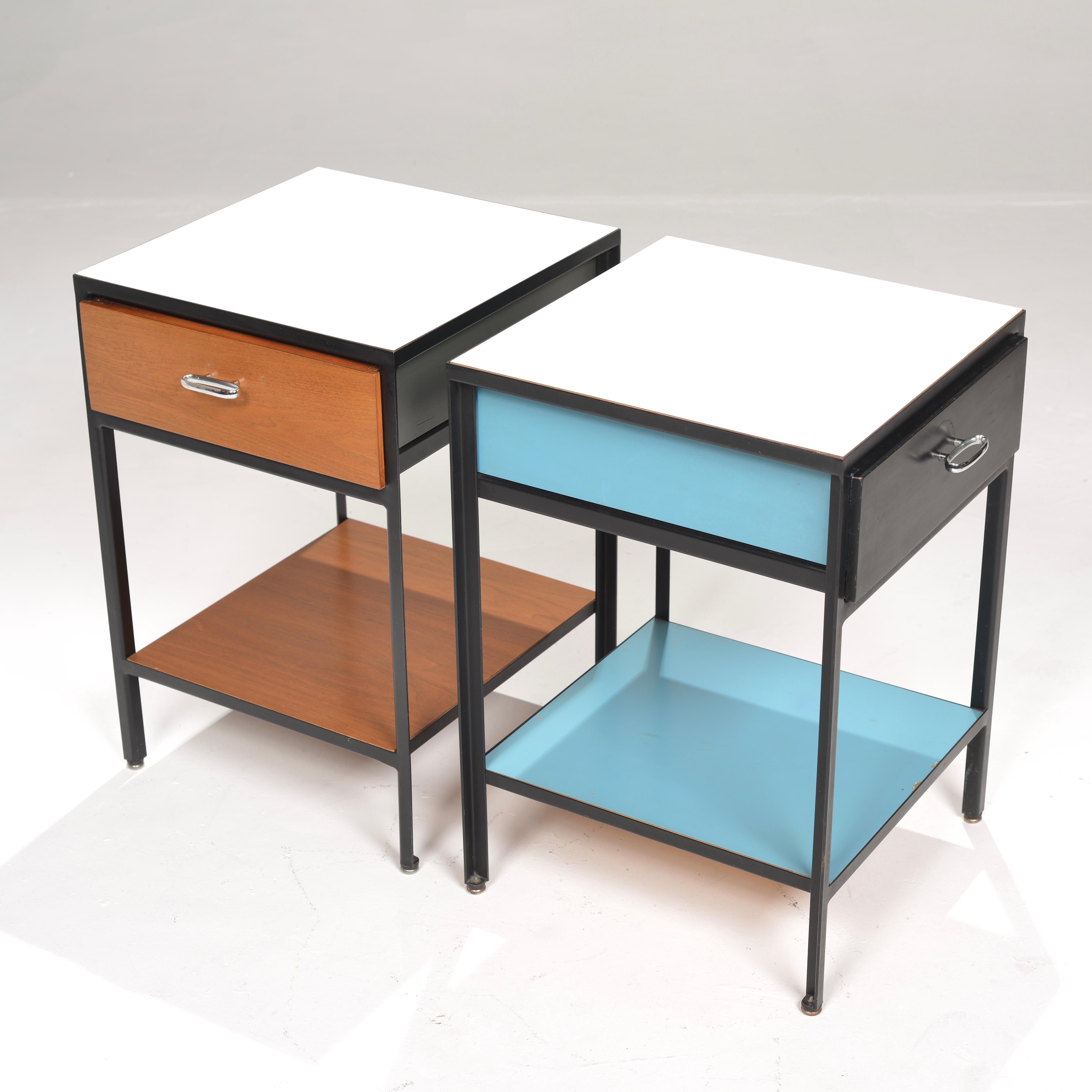 George Nelson steel frame one drawer cabinet in original condition with minor wear. Priced per table. 

These nightstands are on display in our Showroom.