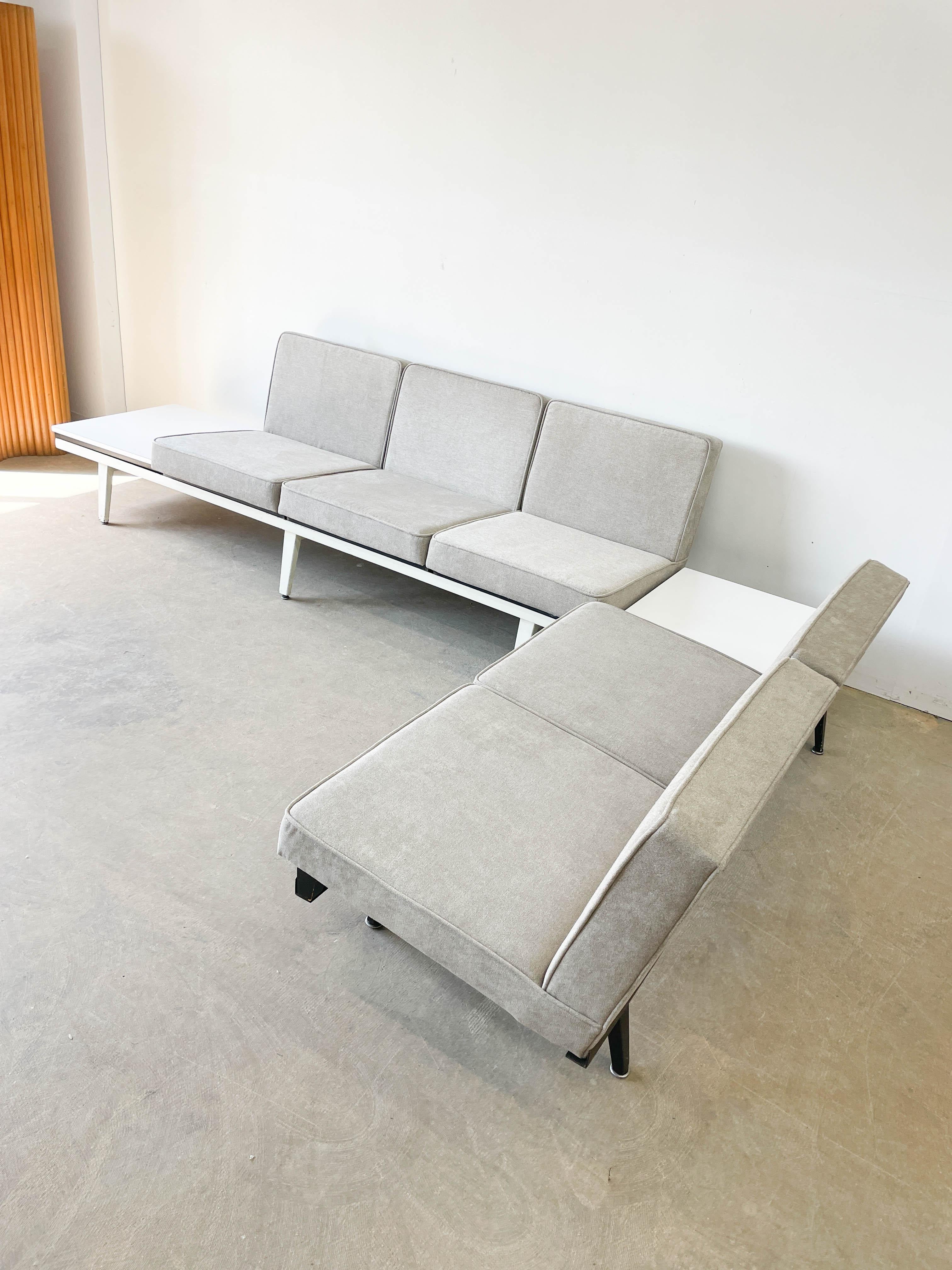 Sleek minimalist modular seating system designed by George Nelson Associates in the early 1950s. Featuring two benches, five seating units and two table modules, this system is completely interchangeable allowing various permutations and