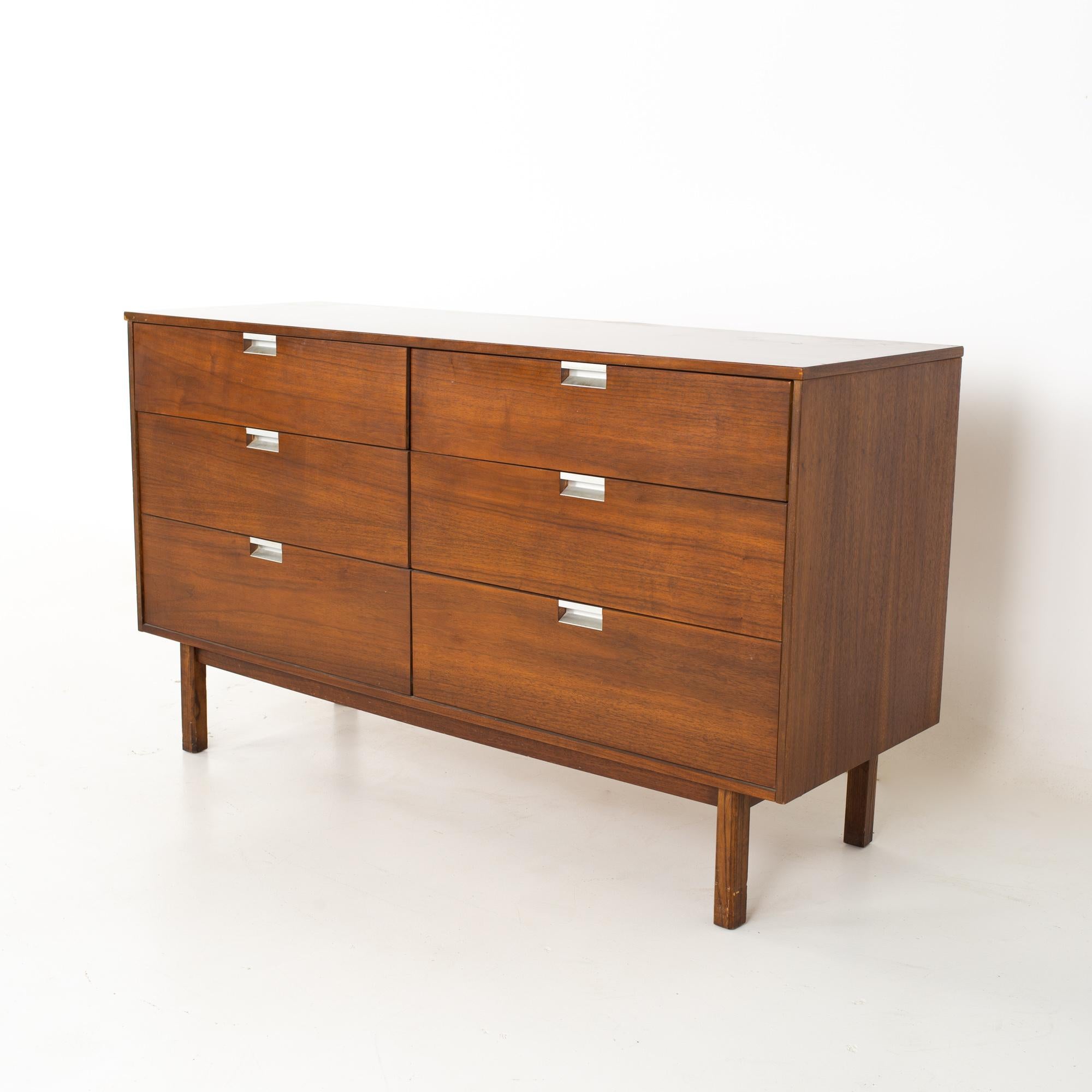 George Nelson style Bassett Furniture mid century walnut Formica and stainless steel 6 drawer lowboy dresser
Dresser measures: 52 wide x 17.75 deep x 30.25 inches high

All pieces of furniture can be had in what we call restored vintage