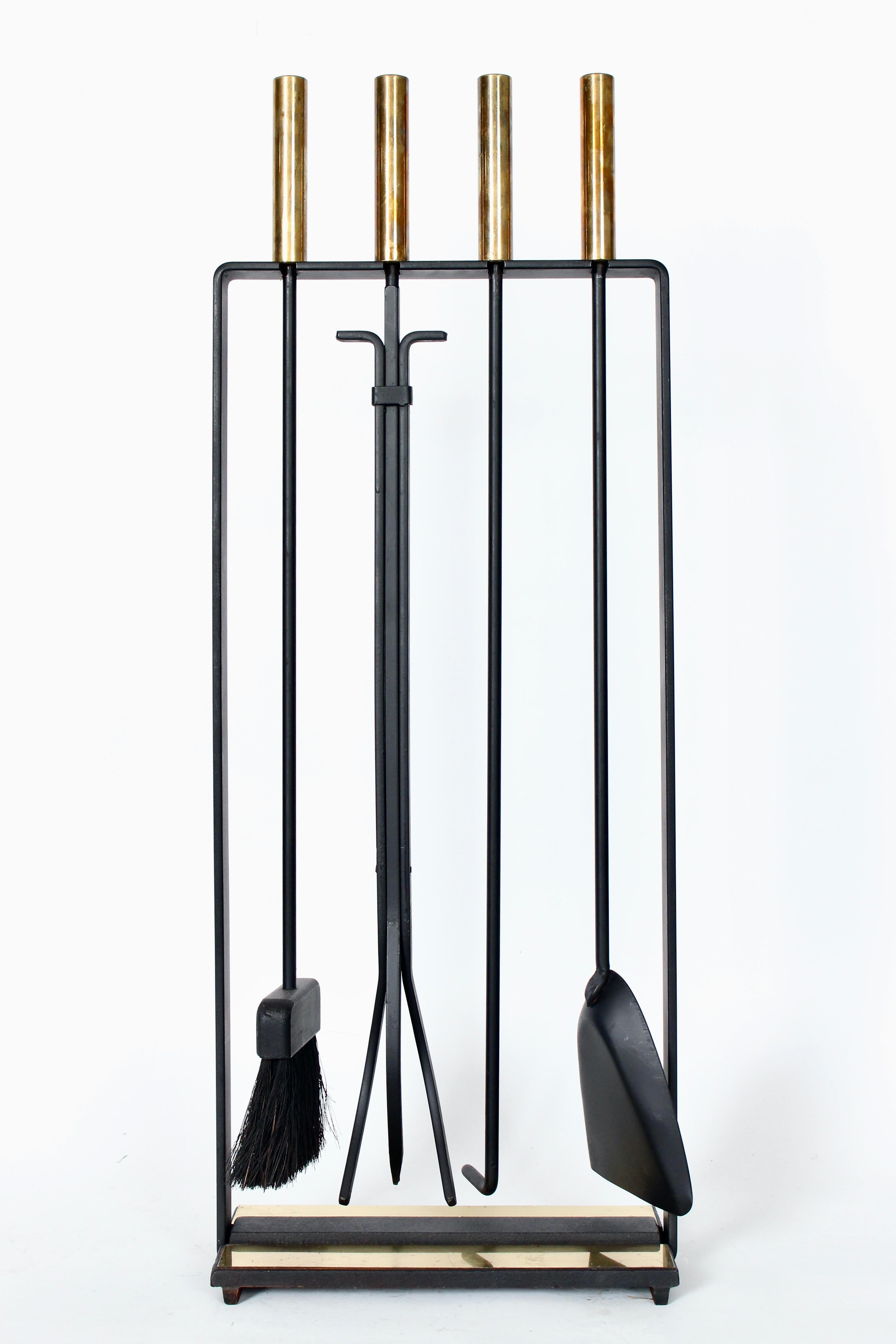 George Nelson Style Five Piece Brass & Black Cast Iron Fire Tool Set with Stand For Sale 13