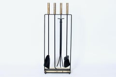 George Nelson Style Five Piece Brass & Black Cast Iron Fire Tool Set with Stand