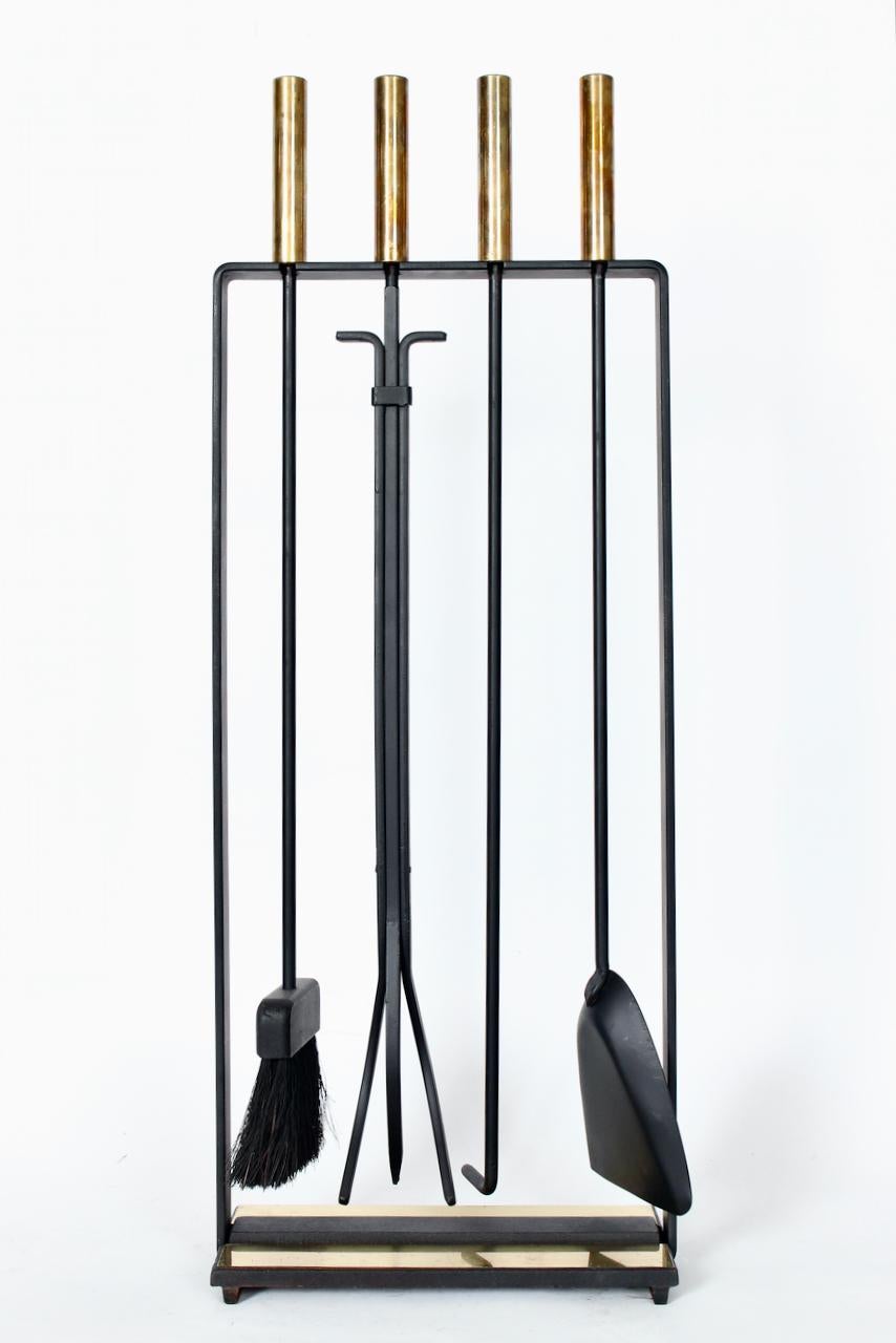 Mid-20th Century George Nelson Style Five Piece Brass & Black Cast Iron Fire Tool Set with Stand For Sale