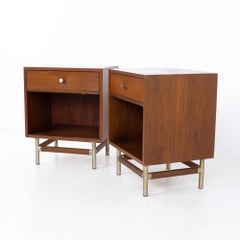 George Nelson Style Kroehler MCM Walnut, Rosewood, Metal Nightstands, Pair