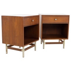 George Nelson Style Kroehler MCM Walnut, Rosewood, Metal Nightstands, Pair