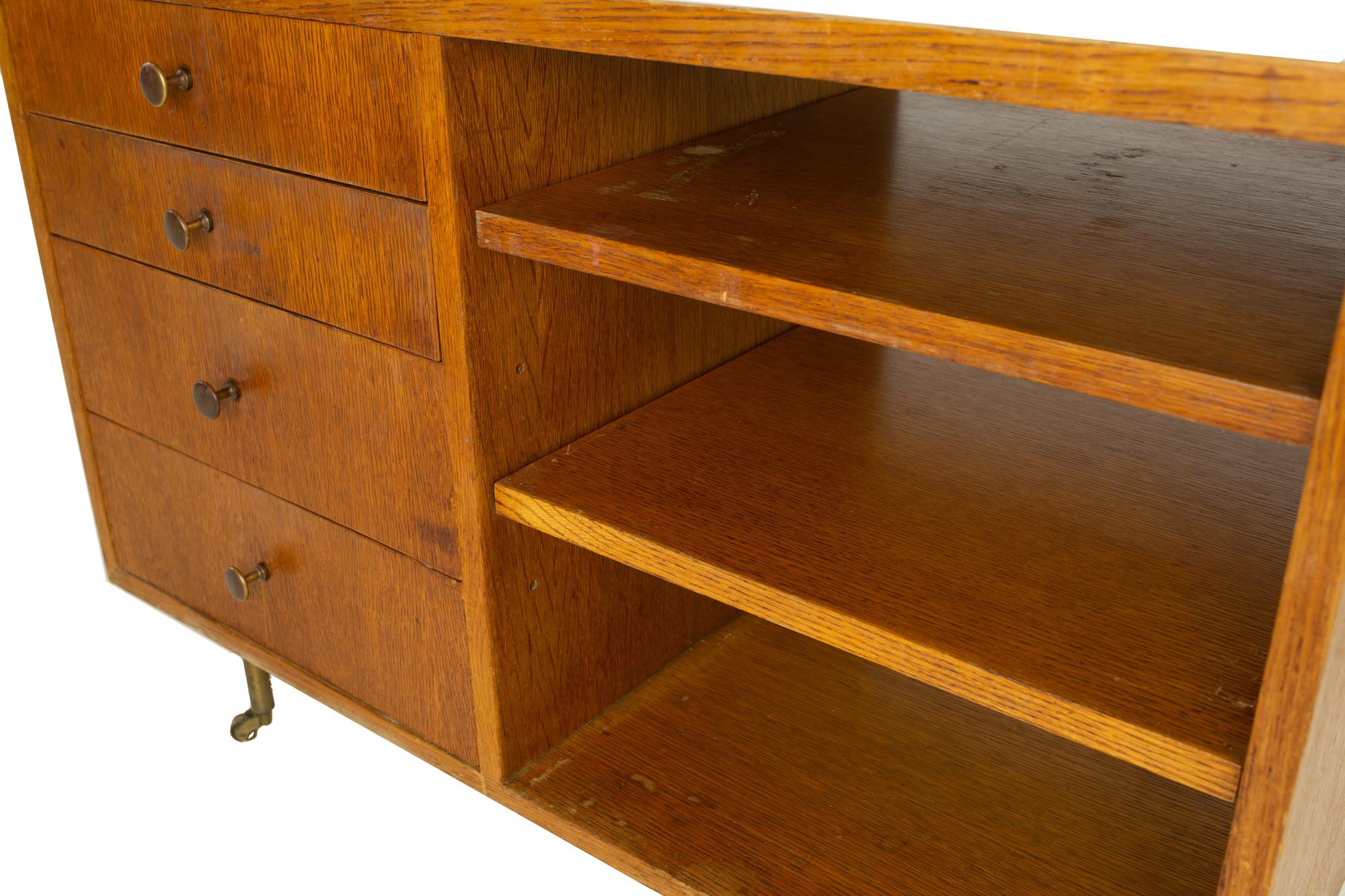 Brass George Nelson Style Mid Century Oak Bar Cart For Sale