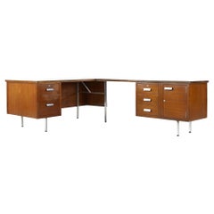 George Nelson Style Midcentury Walnut Formica and Cane L Desk
