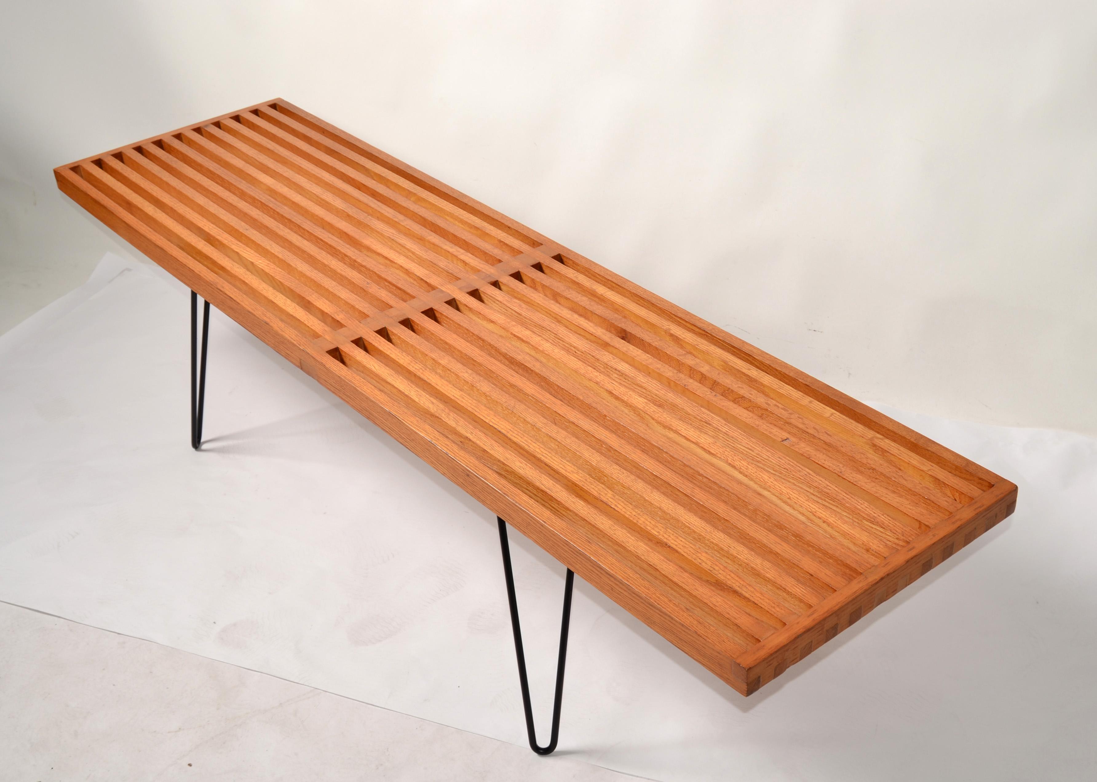 George Nelson Style Oak Slat Bench With Steel Hairpin Legs Attributed to Knoll For Sale 3