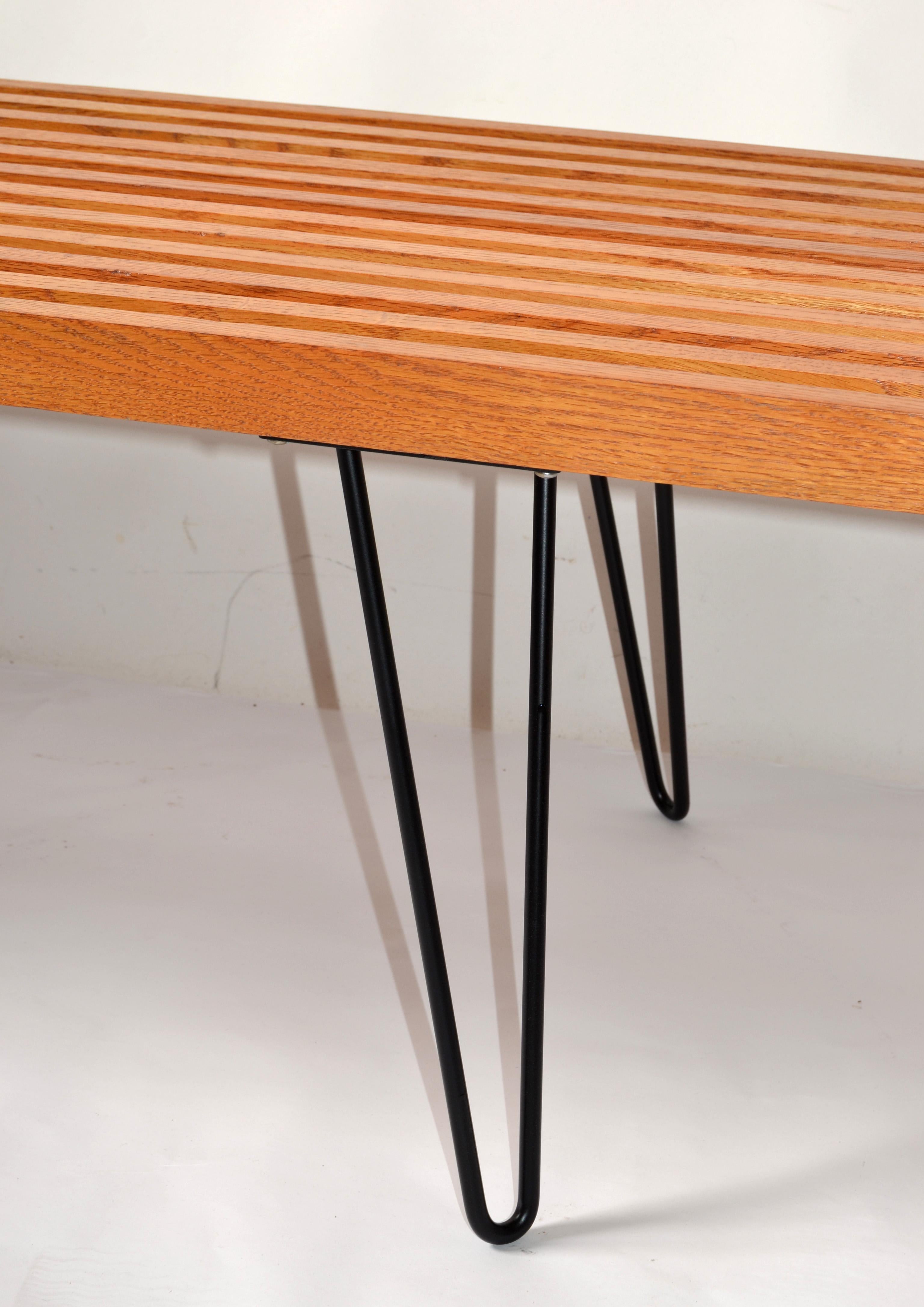 George Nelson Style Oak Slat Bench With Steel Hairpin Legs Attributed to Knoll For Sale 4