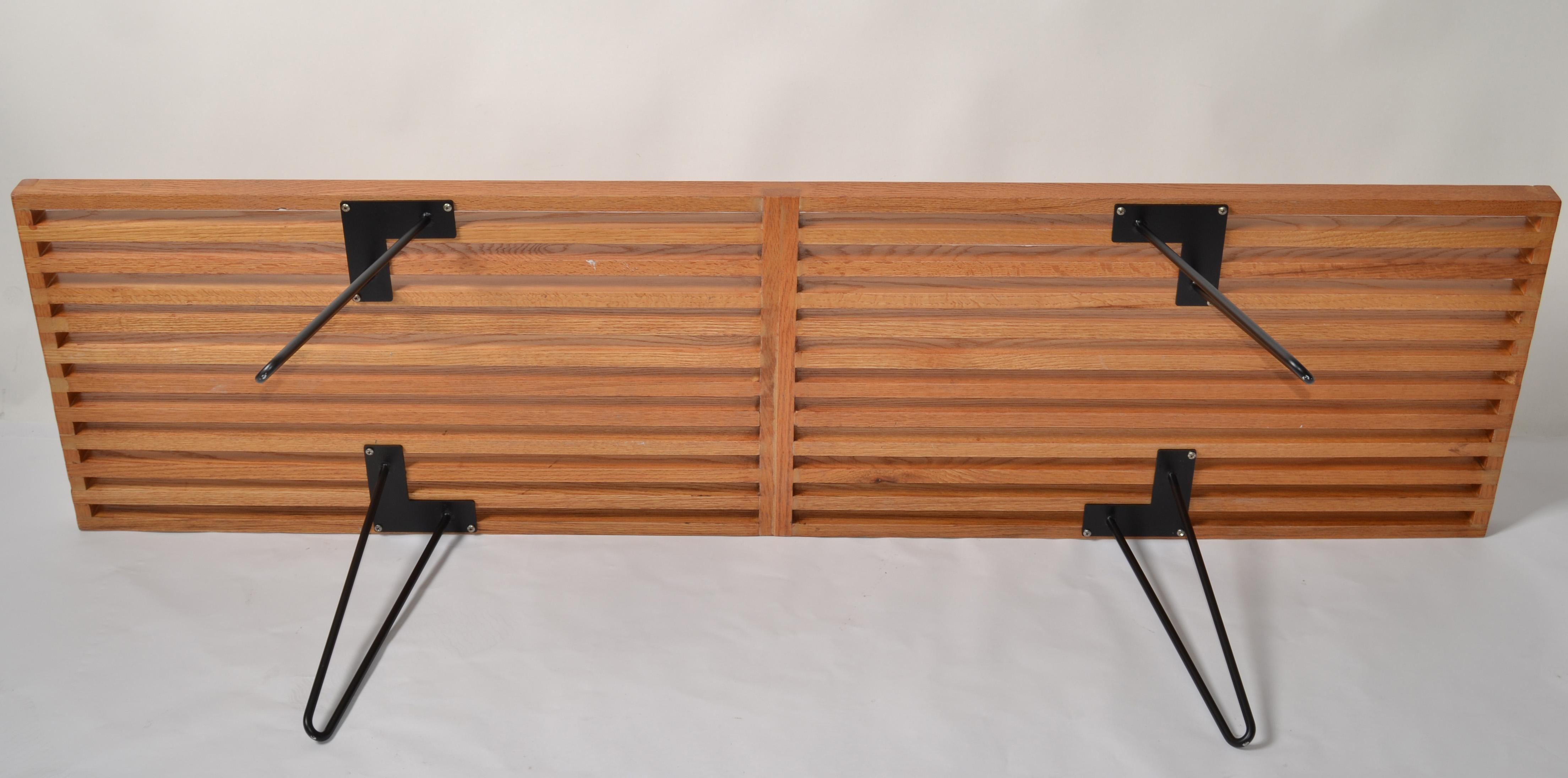 George Nelson Style Oak Slat Bench With Steel Hairpin Legs Attributed to Knoll For Sale 5