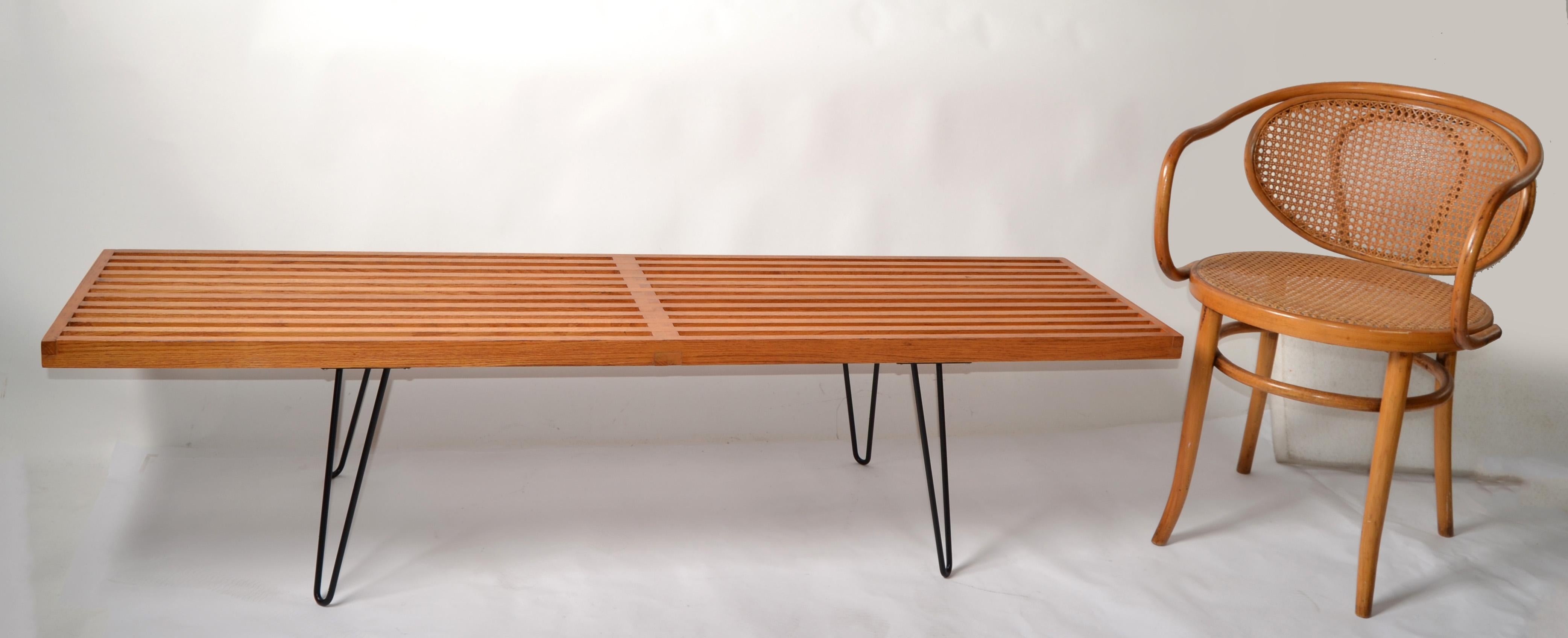 George Nelson Style Oak Slat Bench With Steel Hairpin Legs Attributed to Knoll For Sale 7