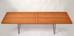 George Nelson Style Oak Slat Bench With Steel Hairpin Legs Attributed to Knoll