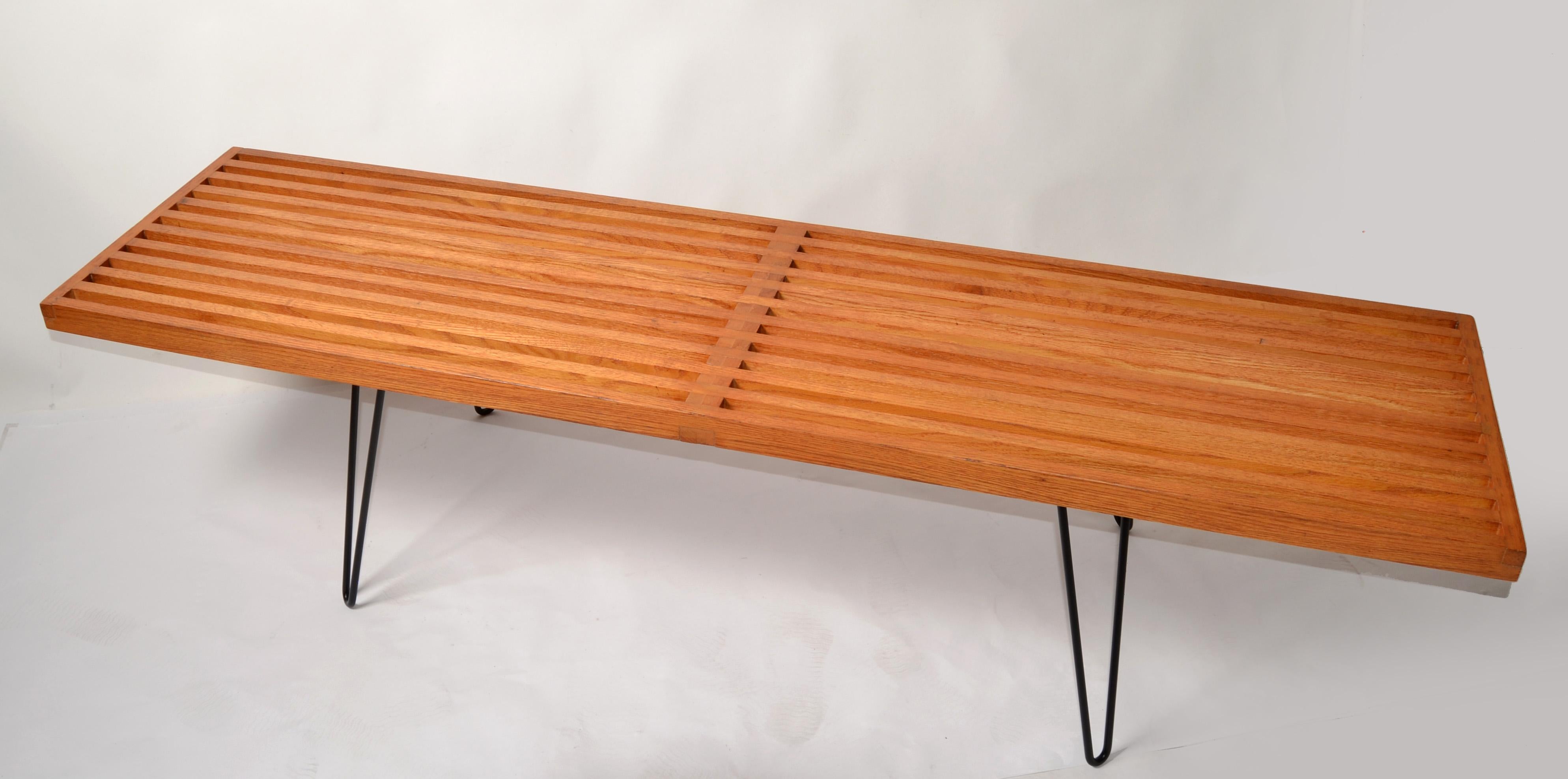 Mid-Century Modern George Nelson Style Oak Slat Bench With Steel Hairpin Legs Attributed to Knoll For Sale