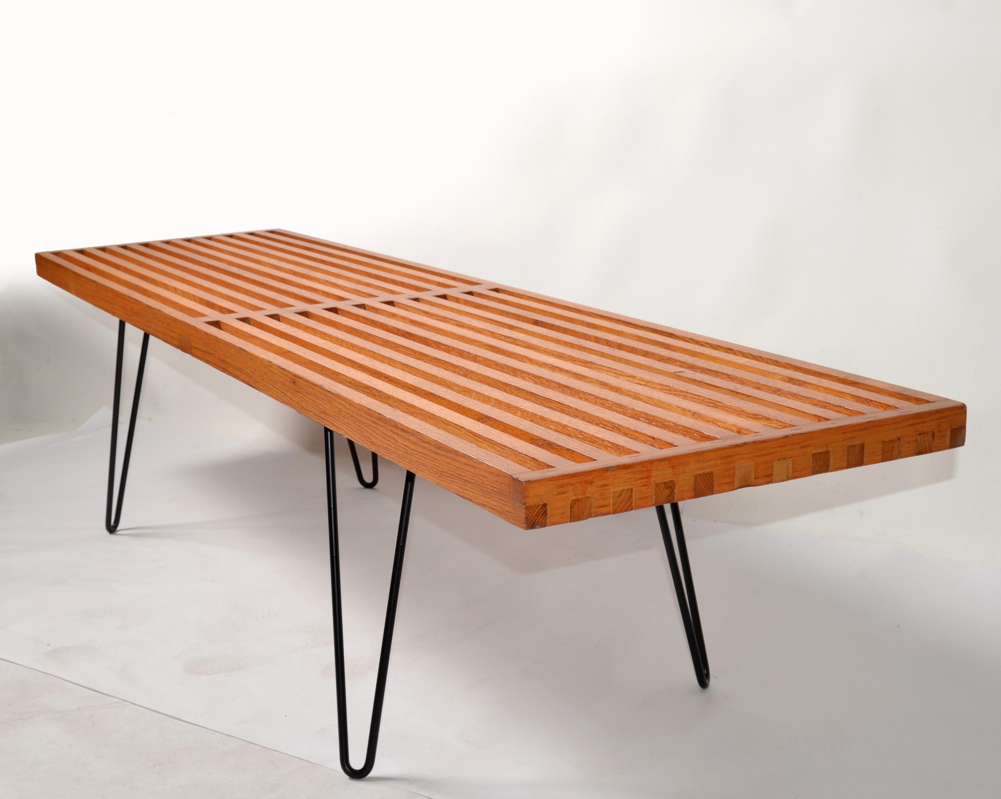 American George Nelson Style Oak Slat Bench With Steel Hairpin Legs Attributed to Knoll For Sale