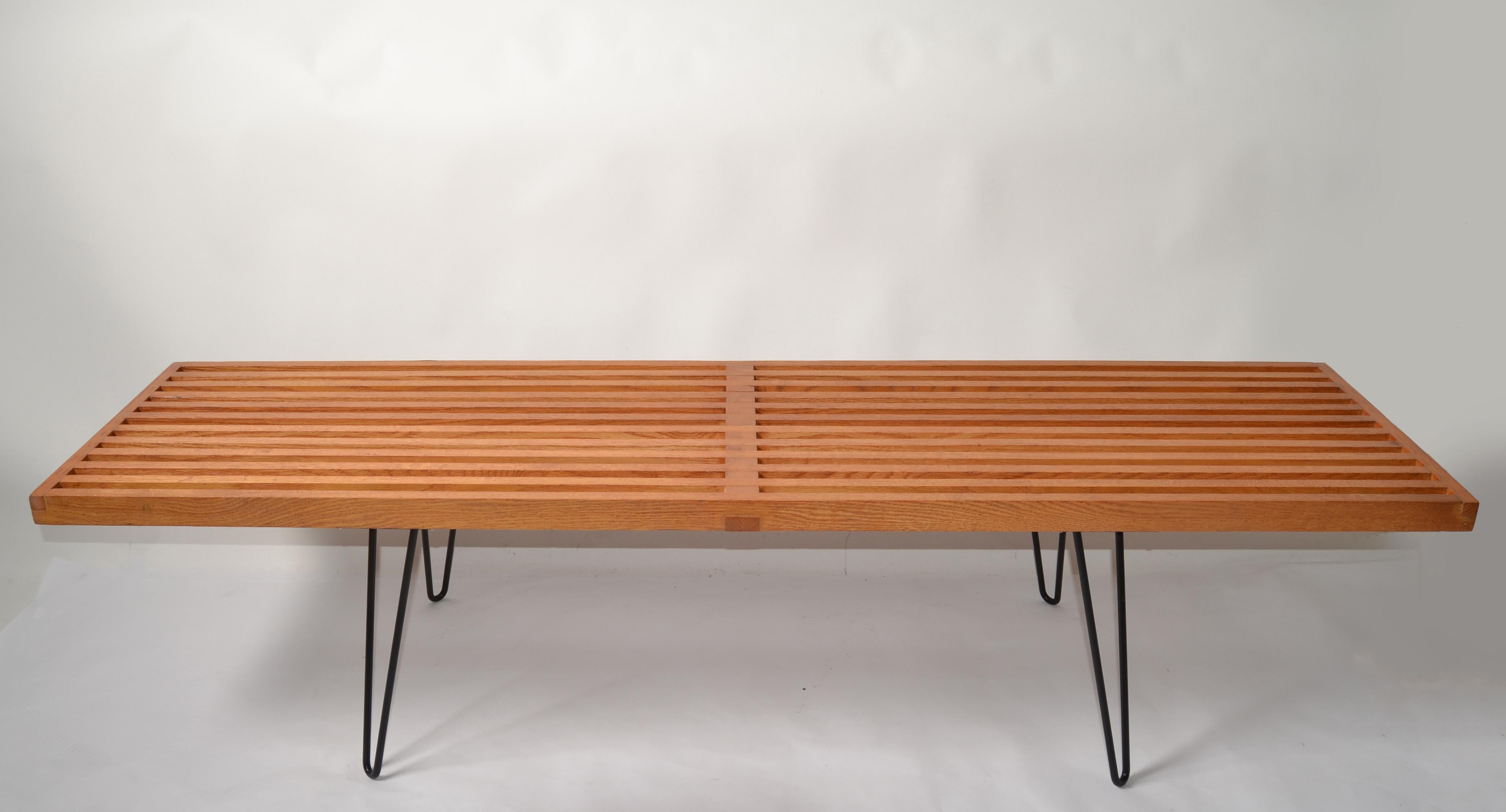Hand-Crafted George Nelson Style Oak Slat Bench With Steel Hairpin Legs Attributed to Knoll For Sale