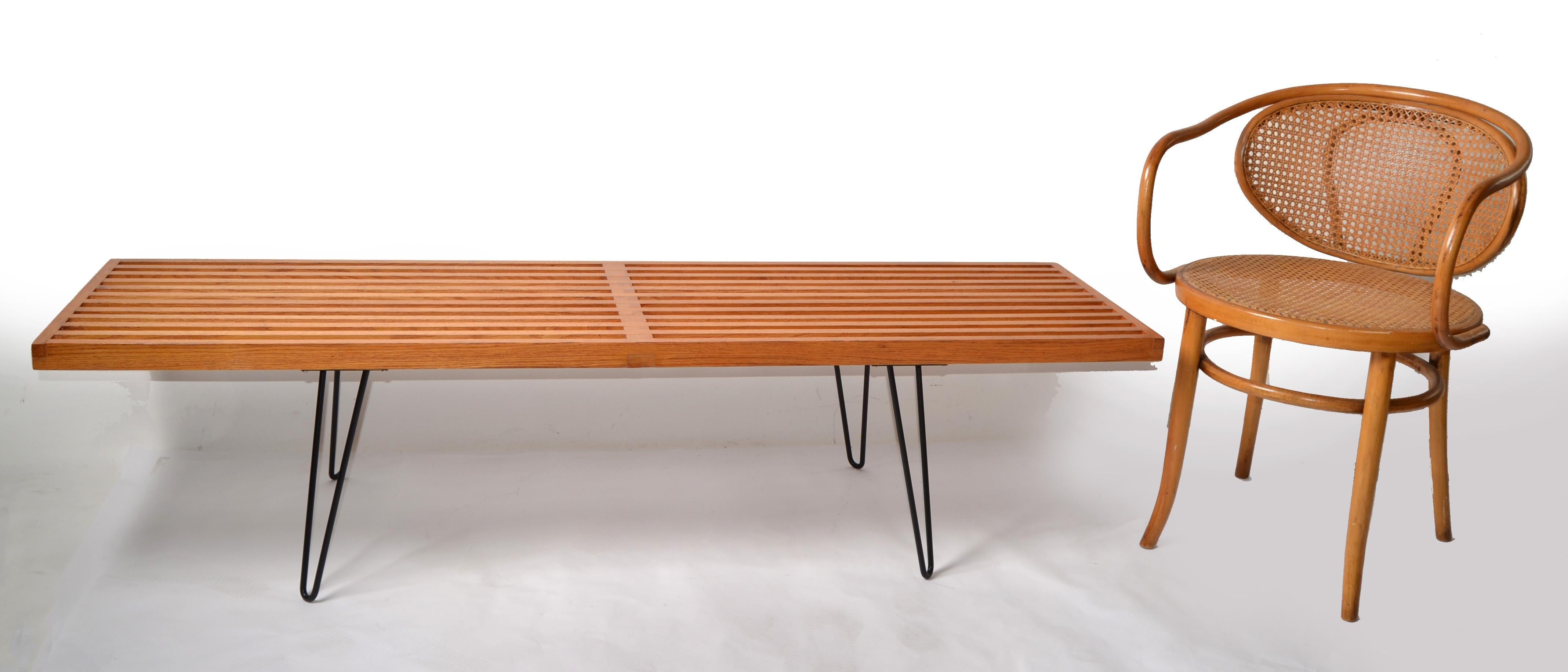 George Nelson Style Oak Slat Bench With Steel Hairpin Legs Attributed to Knoll For Sale 2