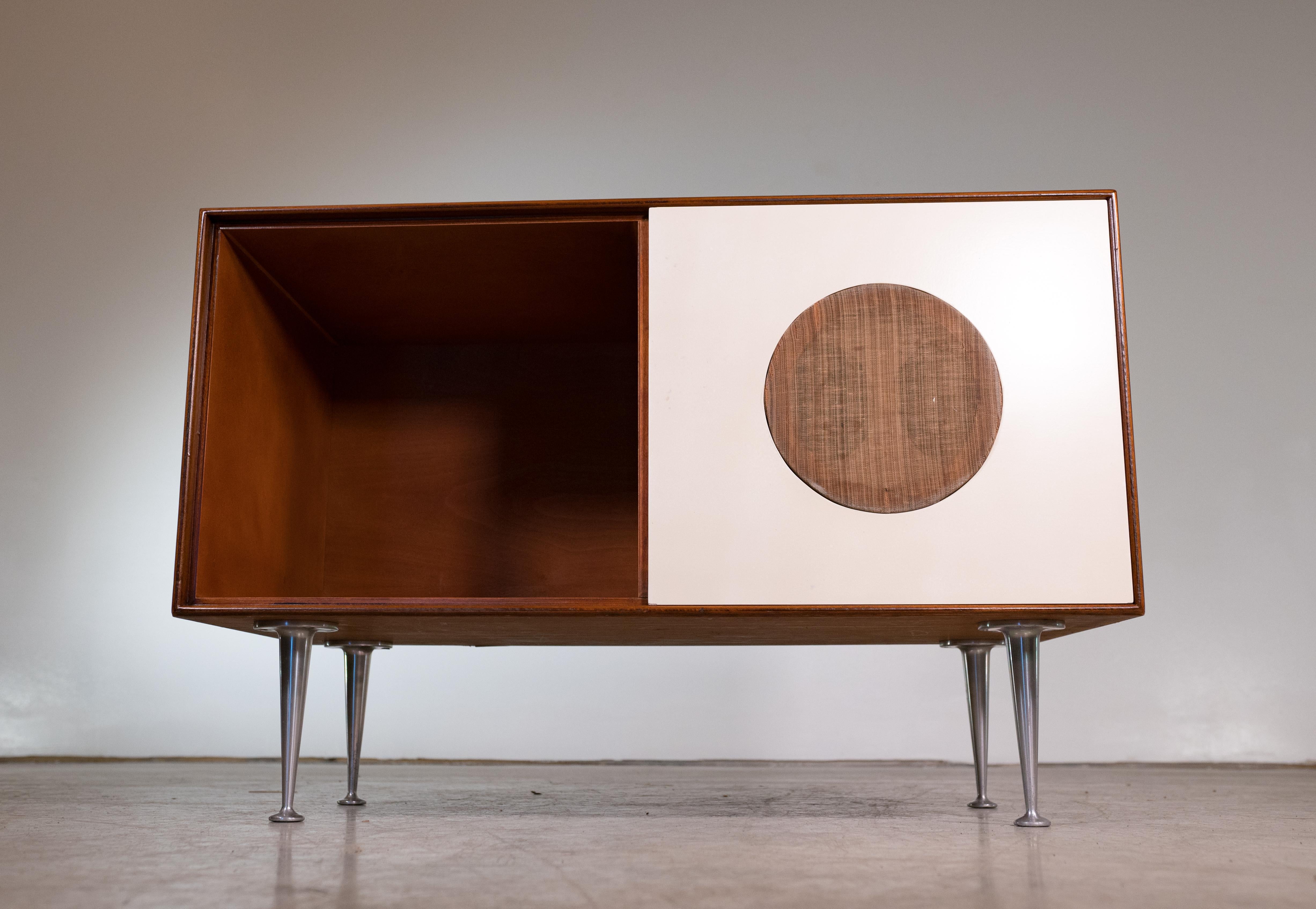 Designer: George Nelson / Eames 
Manufacture: Herman Miller
Period/style: Mid-Century Modern 
Country: US 
Date: 1950s

This incredibly rare piece has been carefully refinished and refurbished to play via bluetooth speakers.