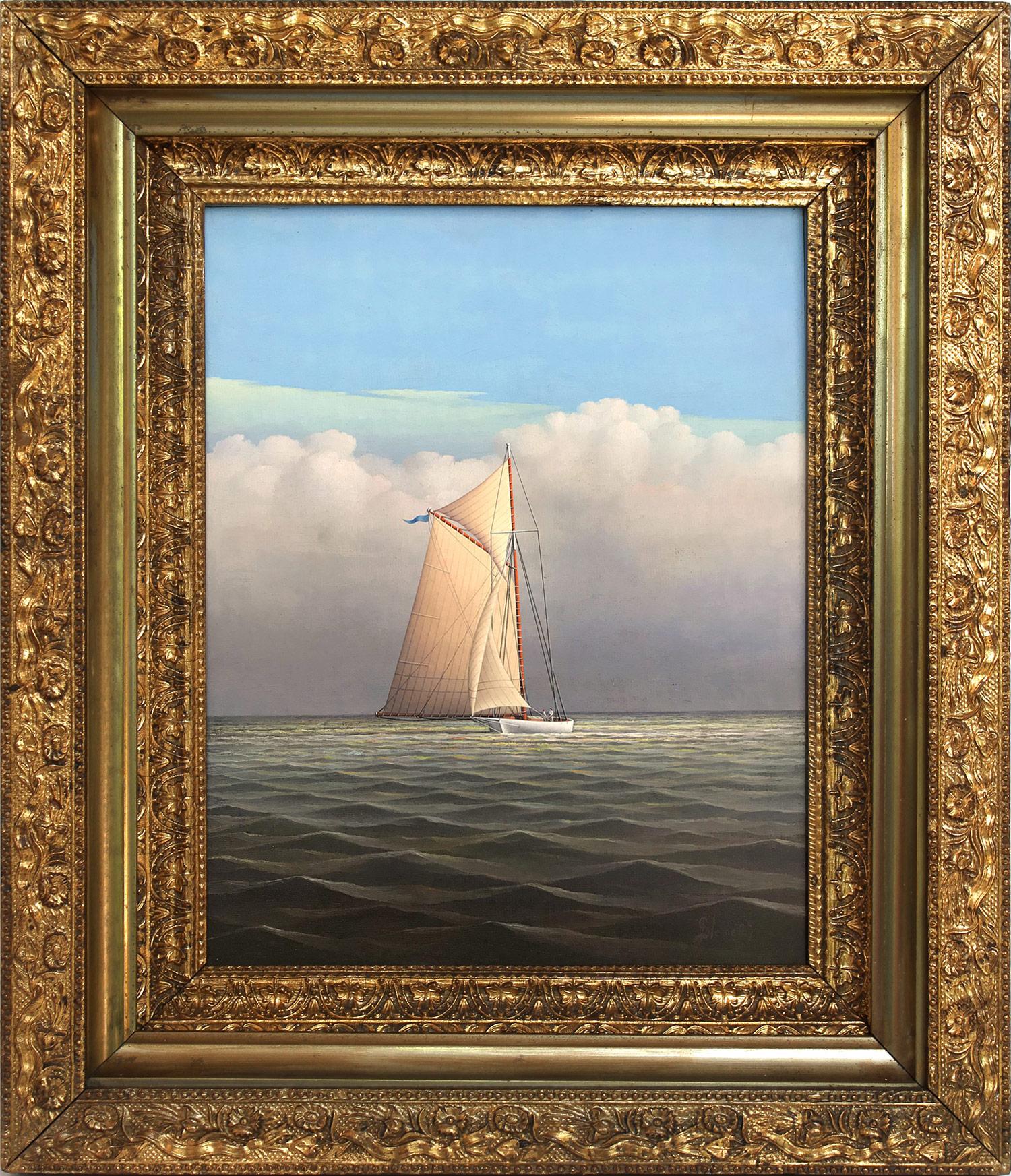 Landscape Painting di George Nemethy - "Vela dopo la tempesta" Pittura realista a olio su tavola di una barca a vela in mare aperto