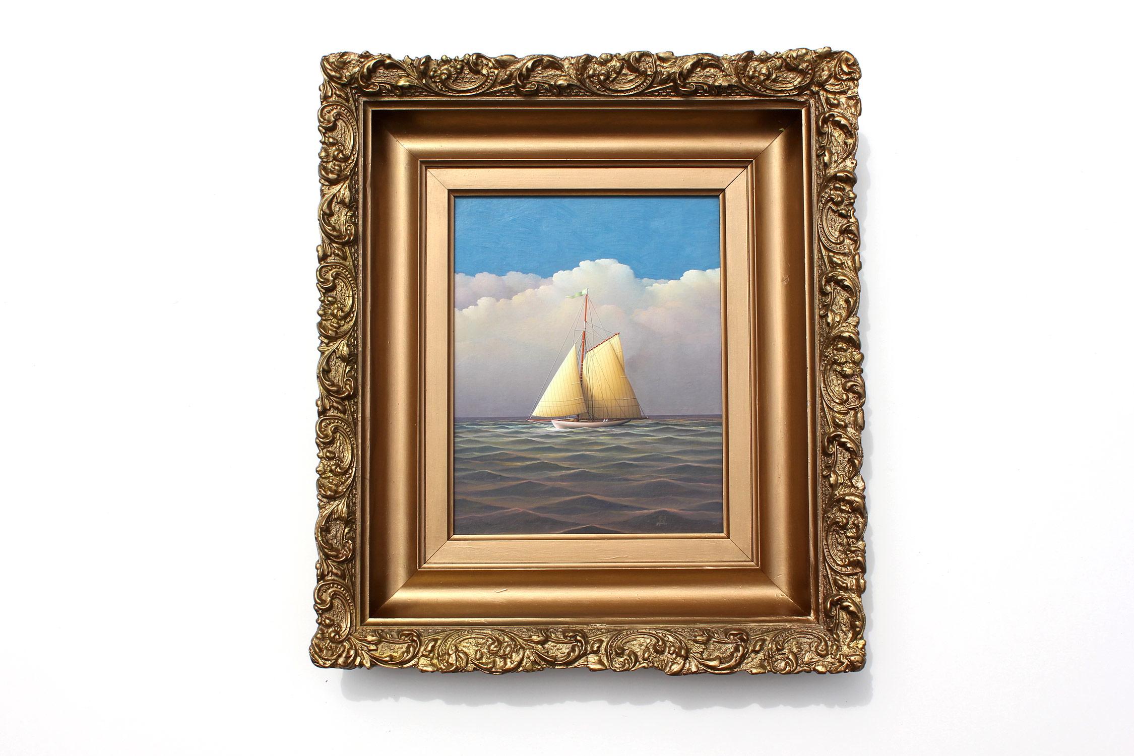 „Segeln auf der offenen See“ Realistisches Ölgemälde auf Karton eines Segelbootes in offenem Meer im Angebot 8
