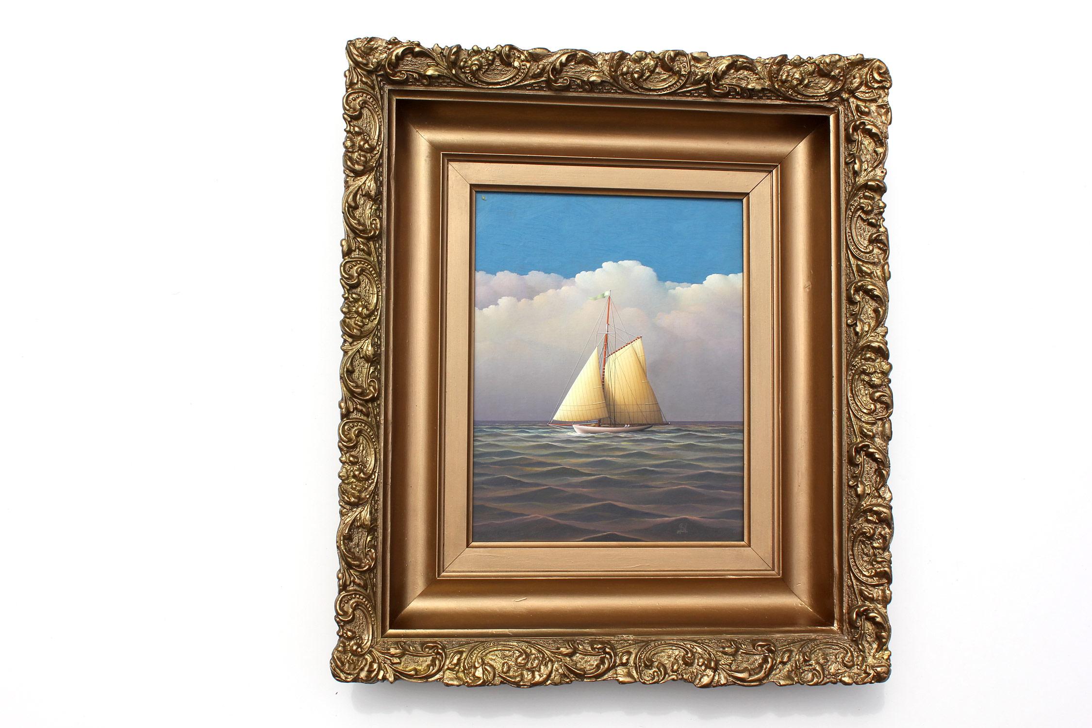 „Segeln auf der offenen See“ Realistisches Ölgemälde auf Karton eines Segelbootes in offenem Meer im Angebot 9
