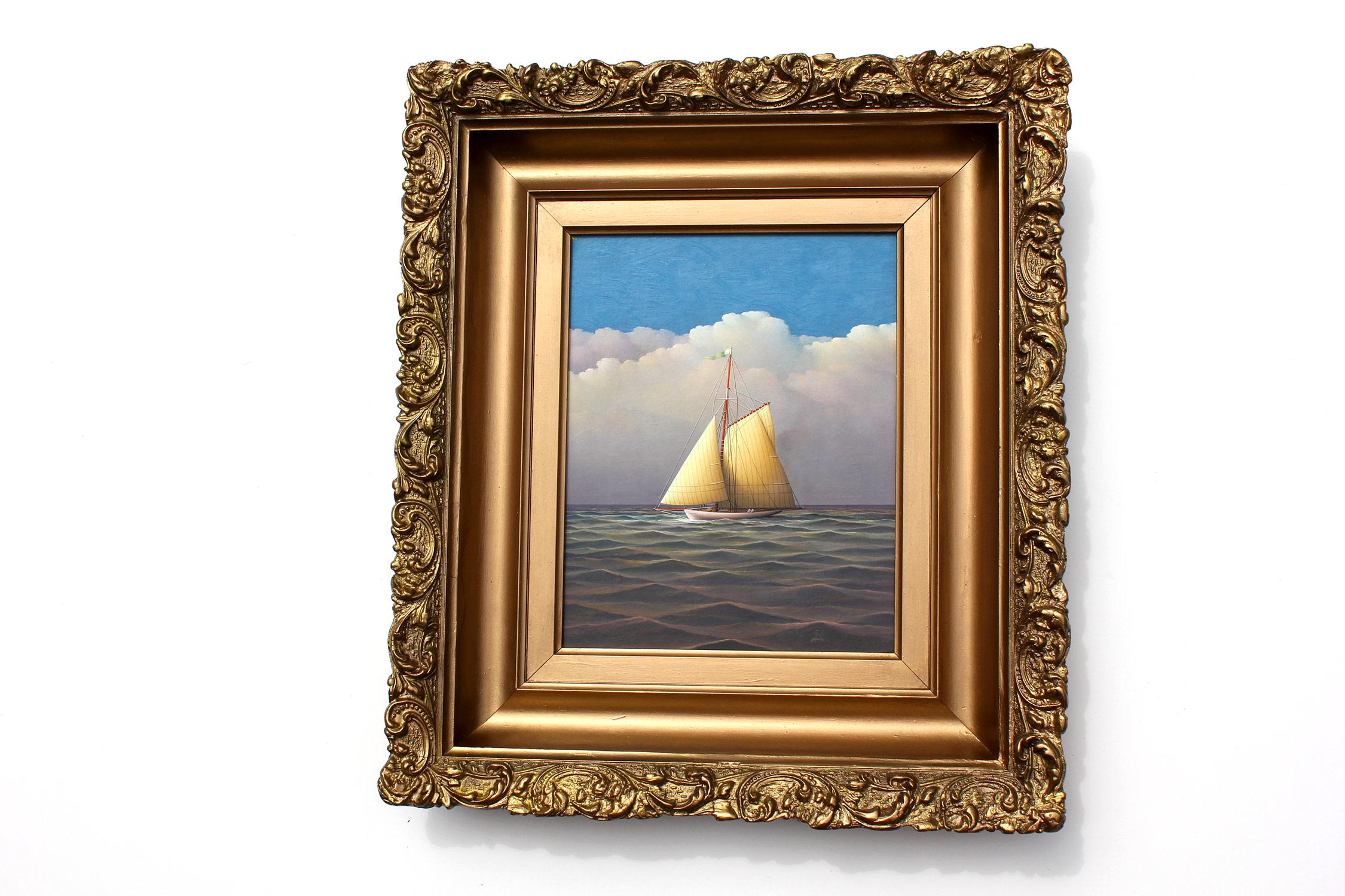 „Segeln auf der offenen See“ Realistisches Ölgemälde auf Karton eines Segelbootes in offenem Meer im Angebot 10