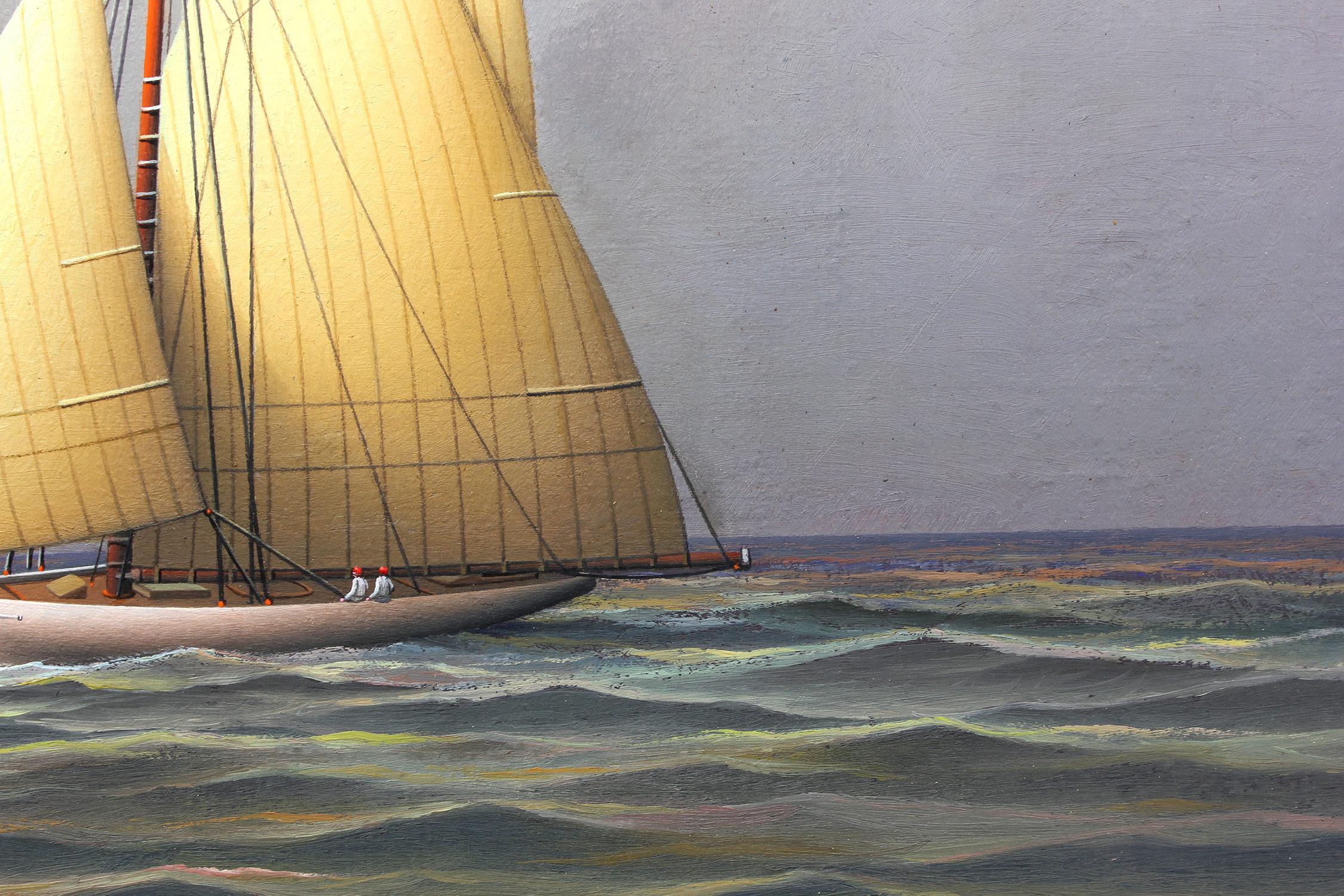„Segeln auf der offenen See“ Realistisches Ölgemälde auf Karton eines Segelbootes in offenem Meer im Angebot 2
