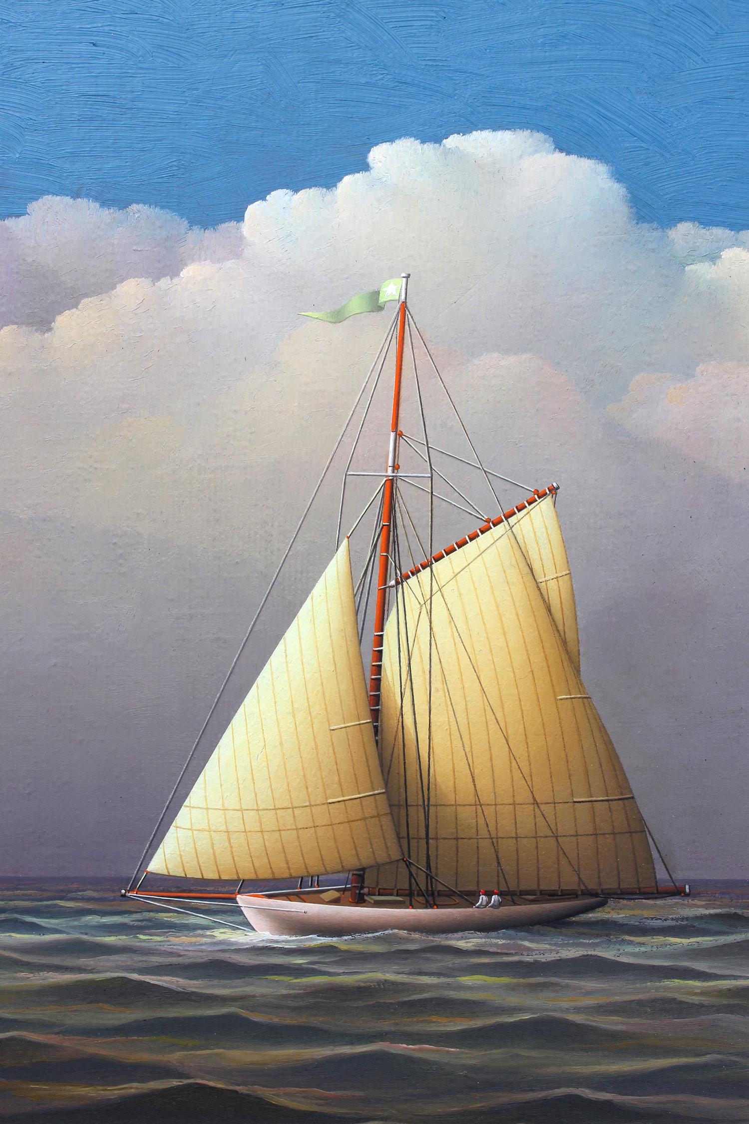 „Segeln auf der offenen See“ Realistisches Ölgemälde auf Karton eines Segelbootes in offenem Meer (Realismus), Painting, von George Nemethy