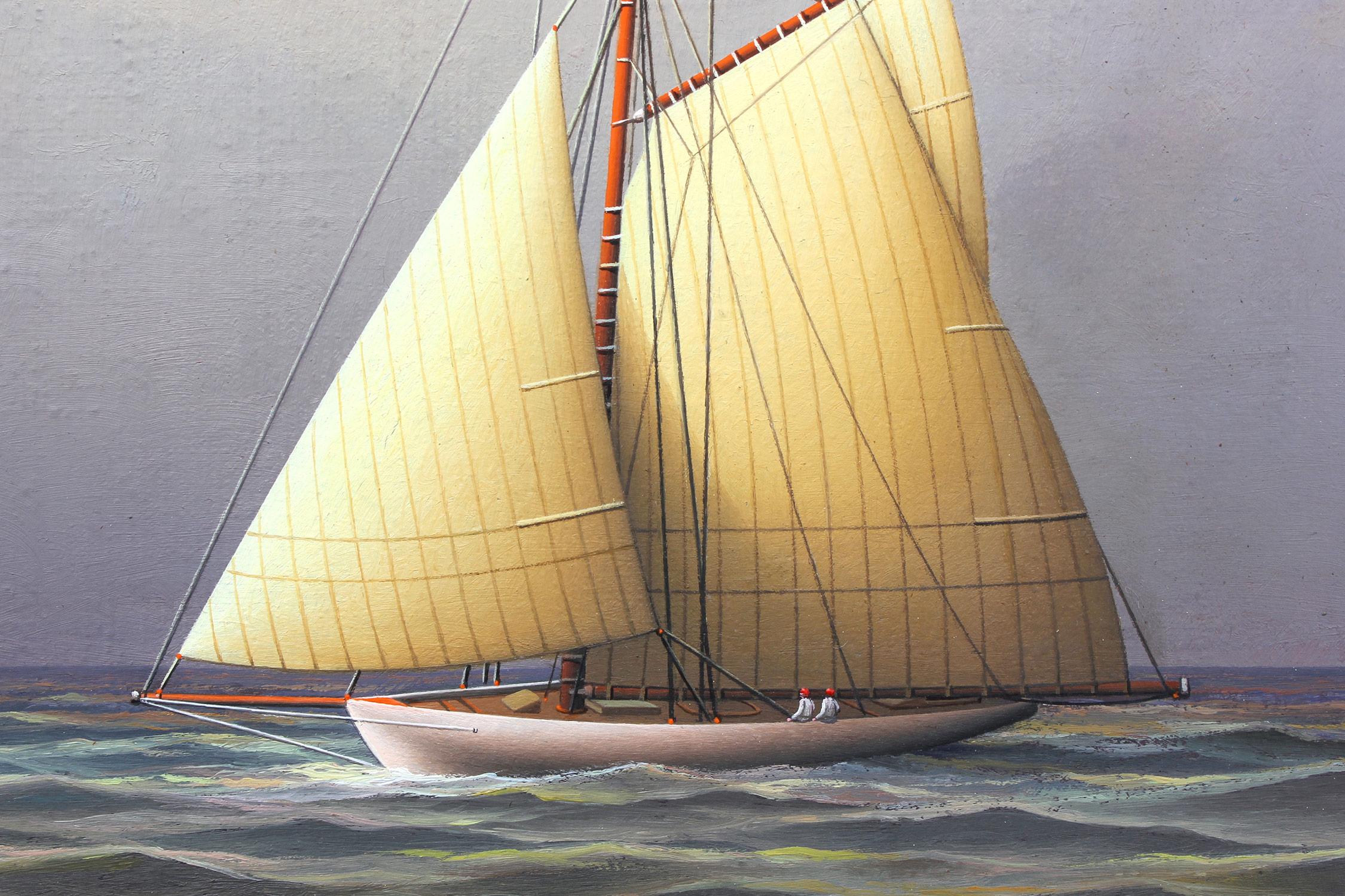 „Segeln auf der offenen See“ Realistisches Ölgemälde auf Karton eines Segelbootes in offenem Meer (Braun), Landscape Painting, von George Nemethy
