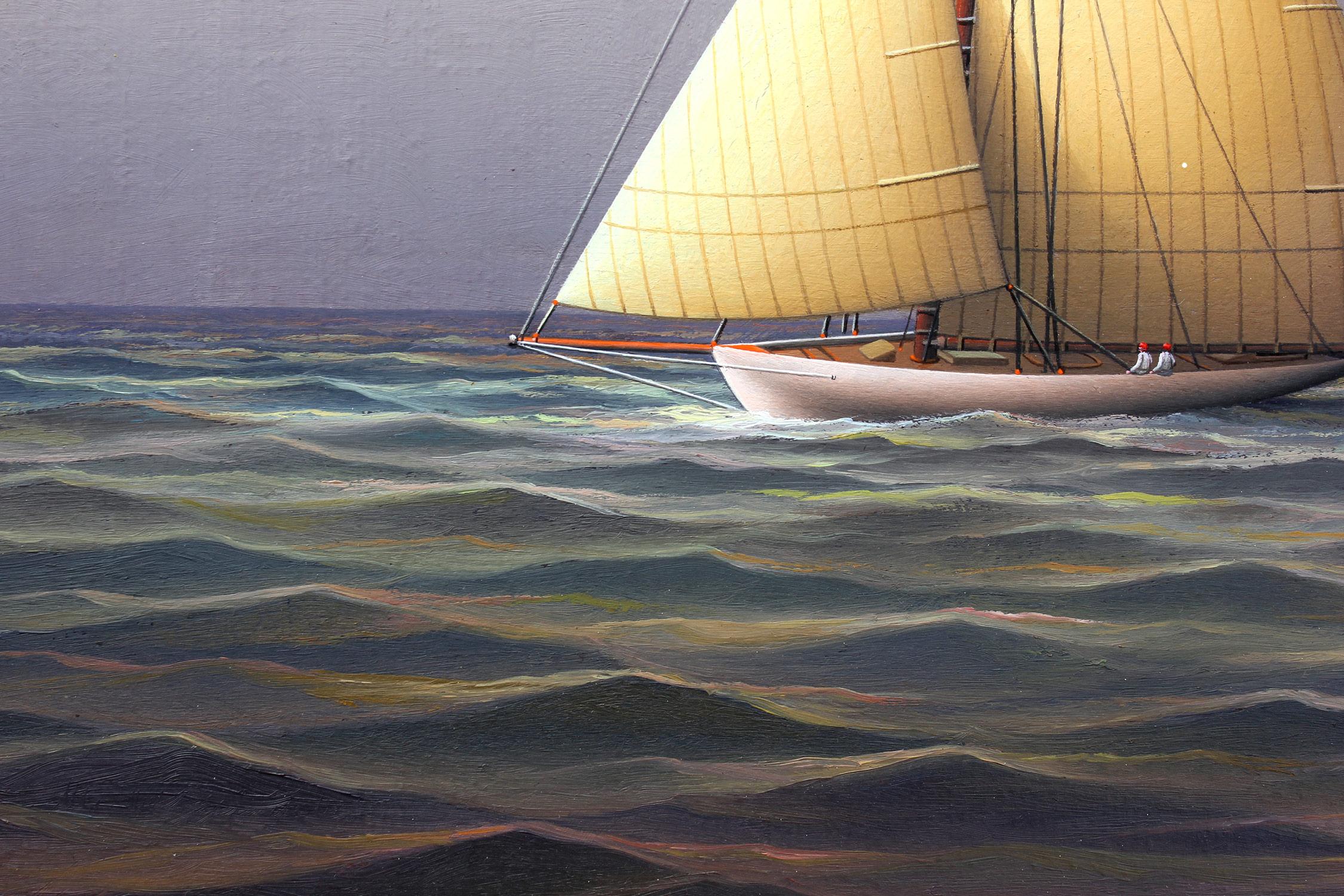 „Segeln auf der offenen See“ Realistisches Ölgemälde auf Karton eines Segelbootes in offenem Meer im Angebot 1