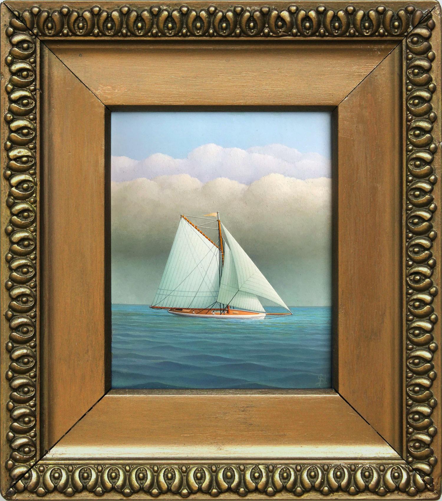 George Nemethy Figurative Painting - "Sailing Towards Clear Skies" Realist Sailboat Oil Painting on Canvas Board
