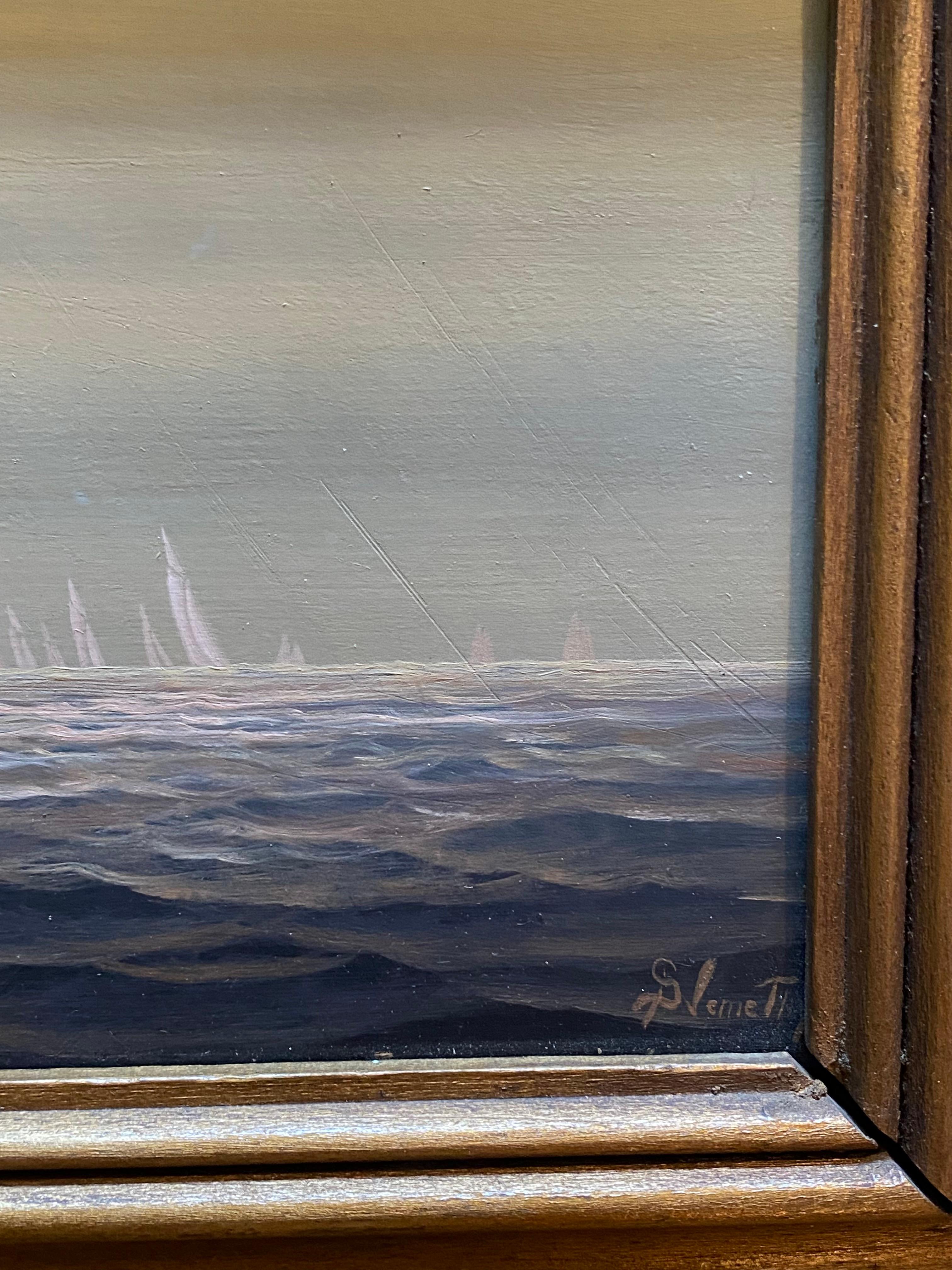 Oil on panel by George Nemethy, signed lower right. This piece measures 11.5 x 23.25 inches including the frame, panel measures 6 x 18 inches and features the Sidewheeler Jay Porter cruising on the open sea.