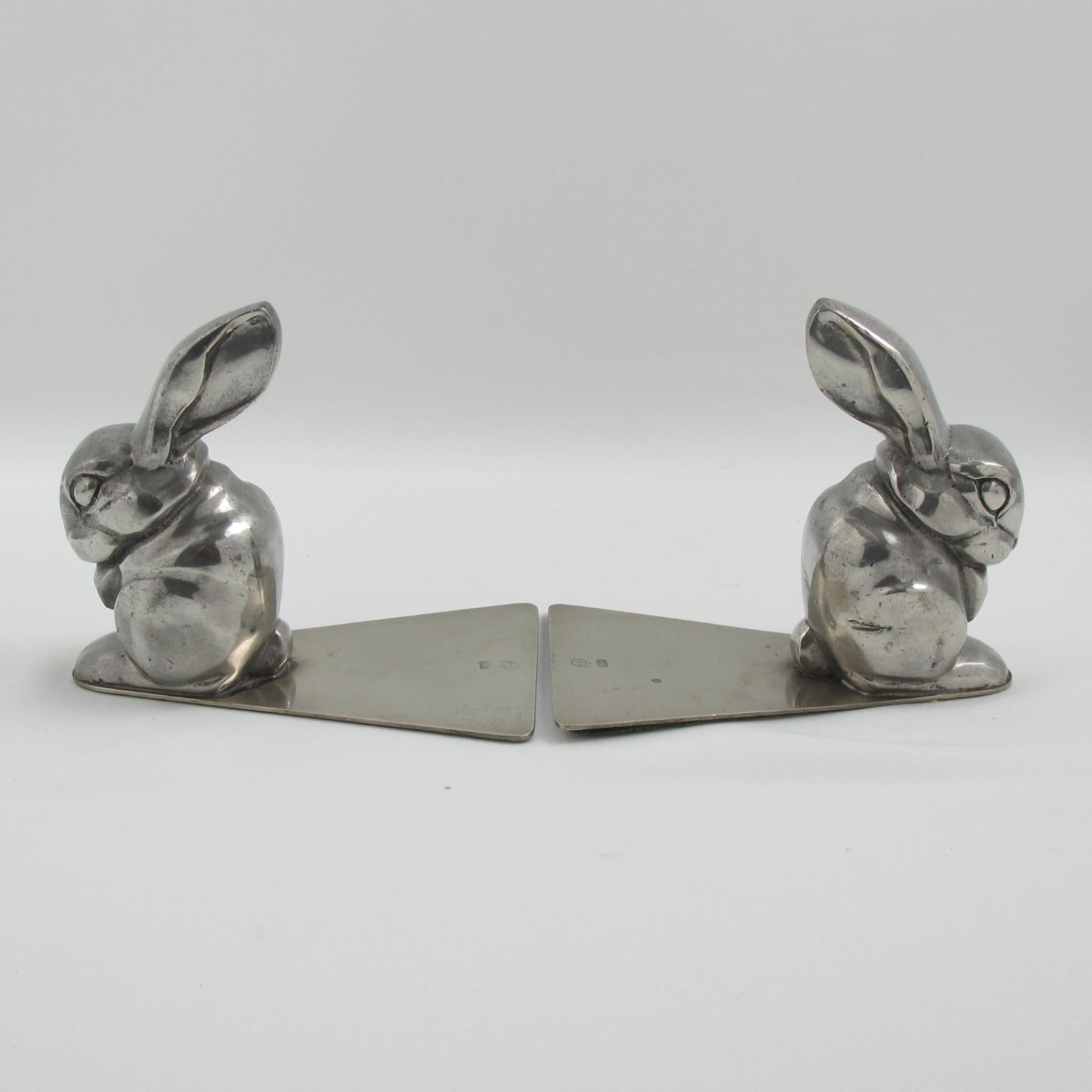 George Nilsson for Gero Art Deco Chrome Rabbit Bookends, 1930s In Good Condition In Atlanta, GA