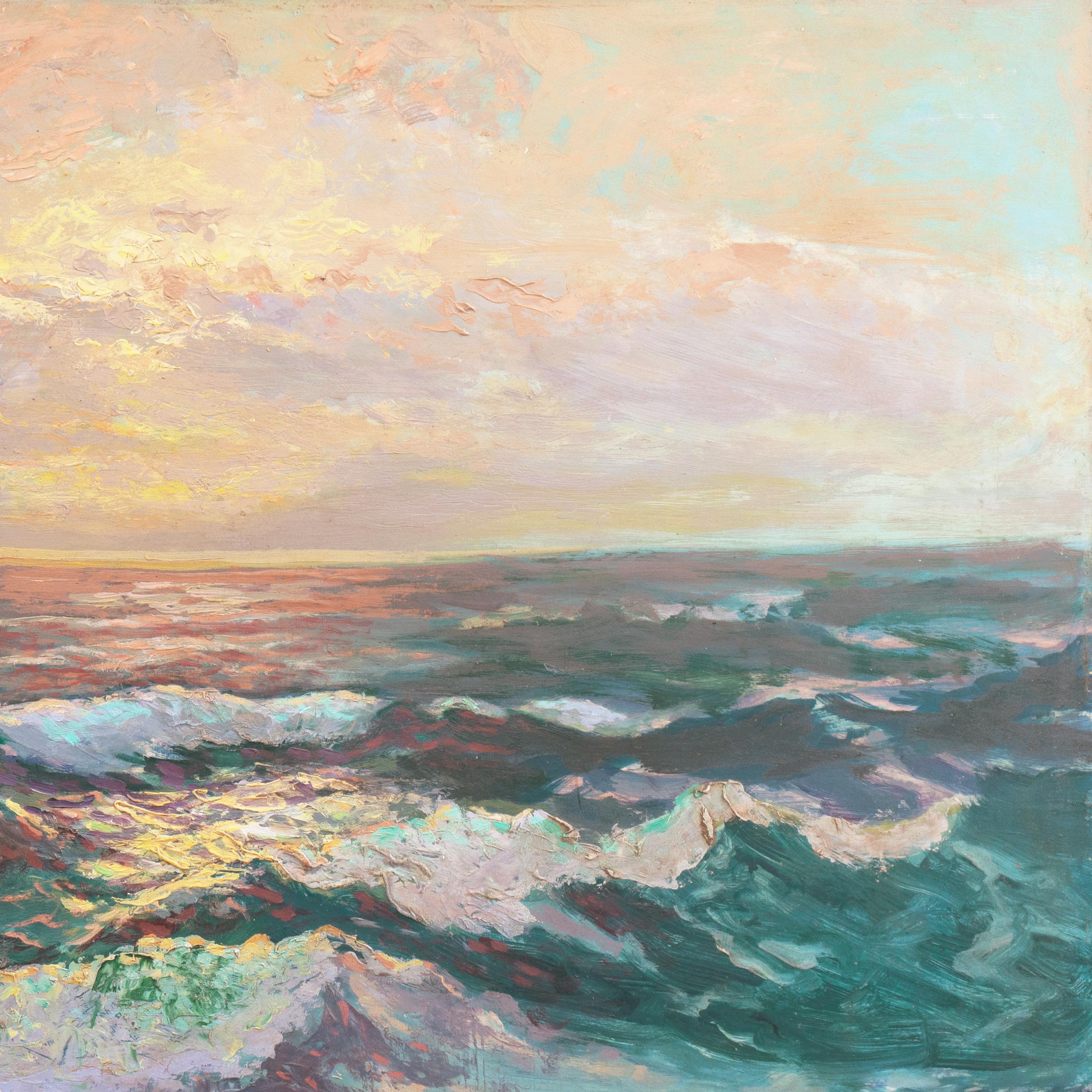 'Sunset Waves', Impressionist Seascape, Boston Museum, New York - Beige Landscape Painting by George North Morris
