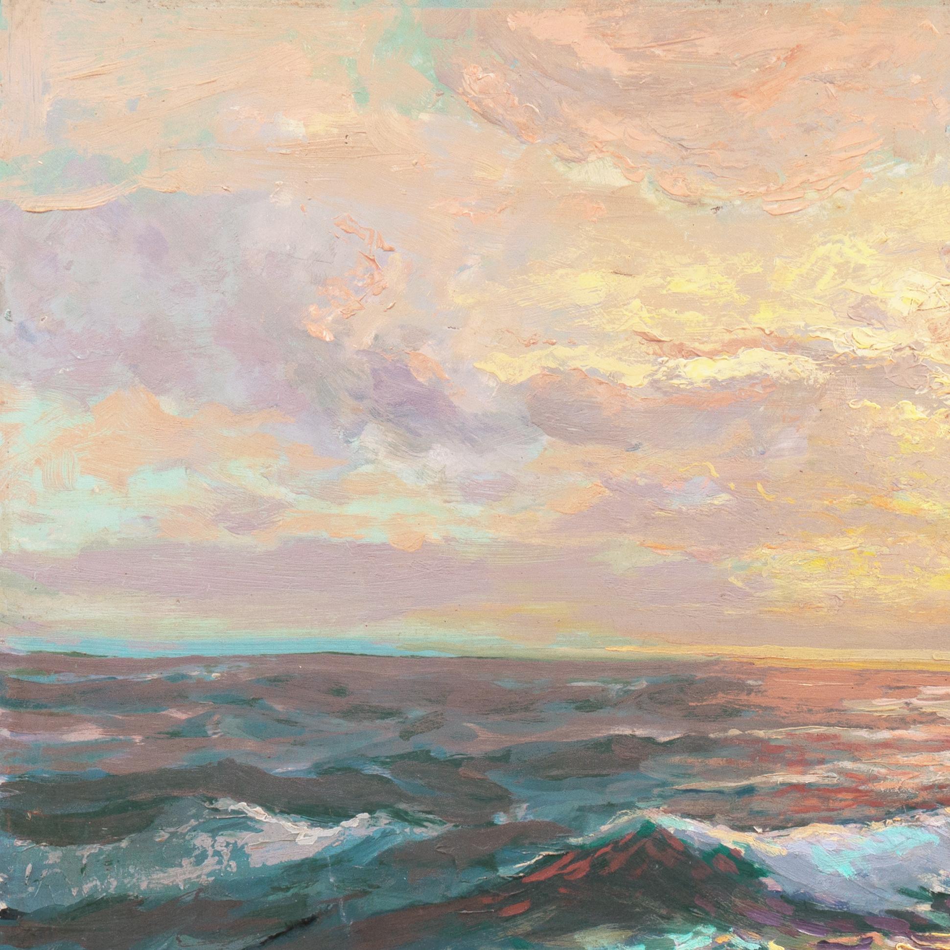 Signed lower right, 'G. Morris' for George North Morris (American, 1915-1996) and painted circa 1950.

An atmospheric seascape showing the golden rays of a late sunset spilling over rolling whitecaps.

Artist, teacher and writer George North Morris