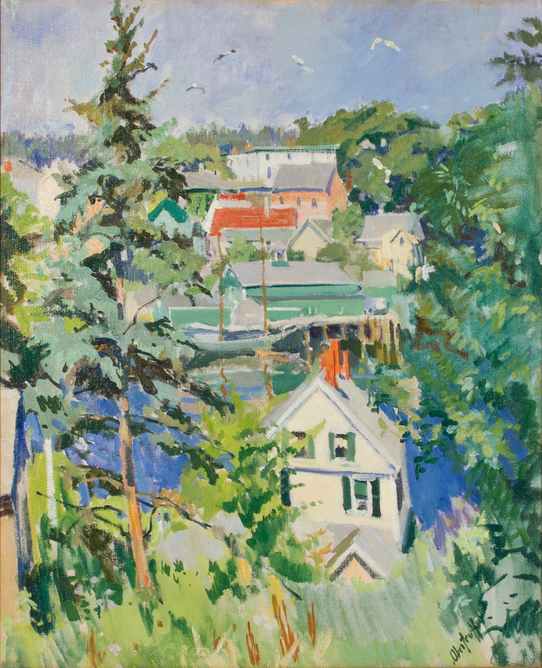 Boothbay Harbor, Maine from the Hill - Brown Landscape Painting by George Oberteuffer