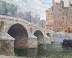 Figures on a Paris Bridge, the Pont Marie Seine River Plein Air Impressionist