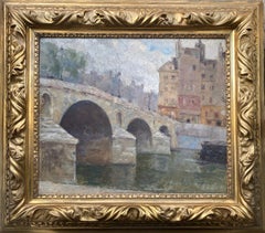 Figures on a Paris Bridge, the Pont Marie Seine River Plein Air Impressionist 