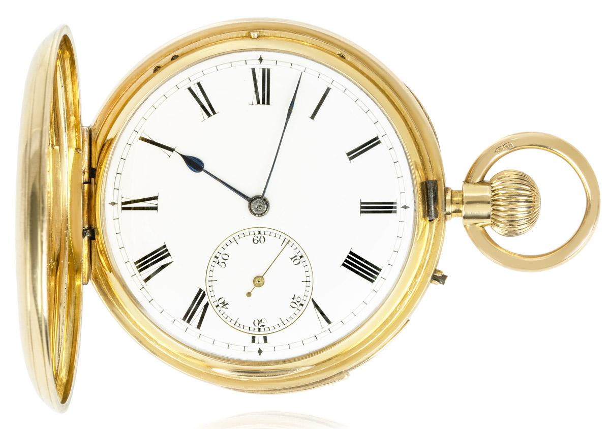 George Oram & Son. A Rare Half Quarter Repeater Heavy Gold Keyless Lever Full Hunter Pocket Watch C1879.

Dial: The white enamel dial with Roman numerals outer minute track with subsidiary seconds dial at six o'clock. The original blued steel spade