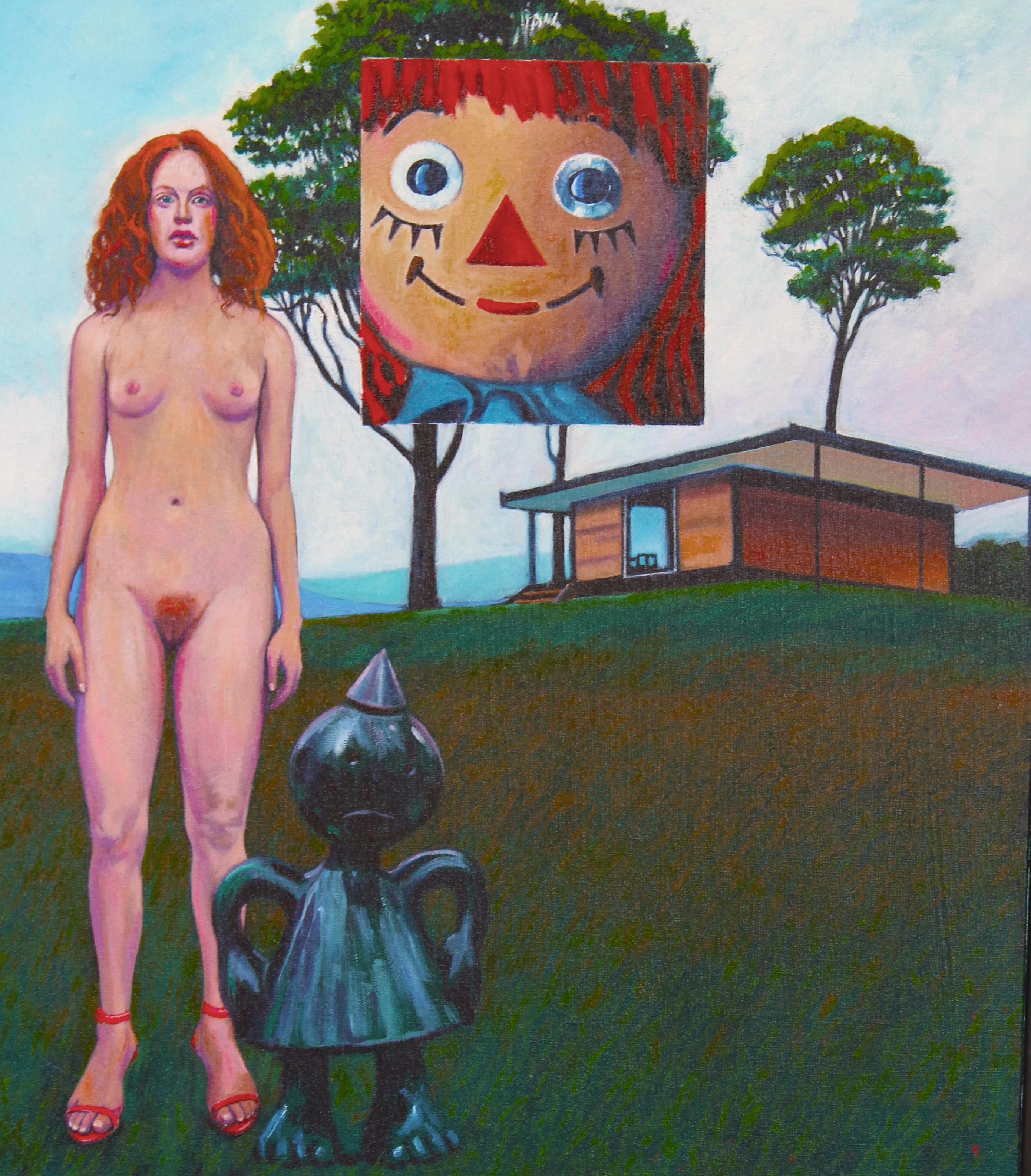 This 32" x 28" oil on canvas painting, 'Midcentury Science of Material Traces,'  by artist George Oswalt features a redheaded nude woman standing near a black toy figurine with the face of a Raggedy-Ann doll floating in the sky above her. In the