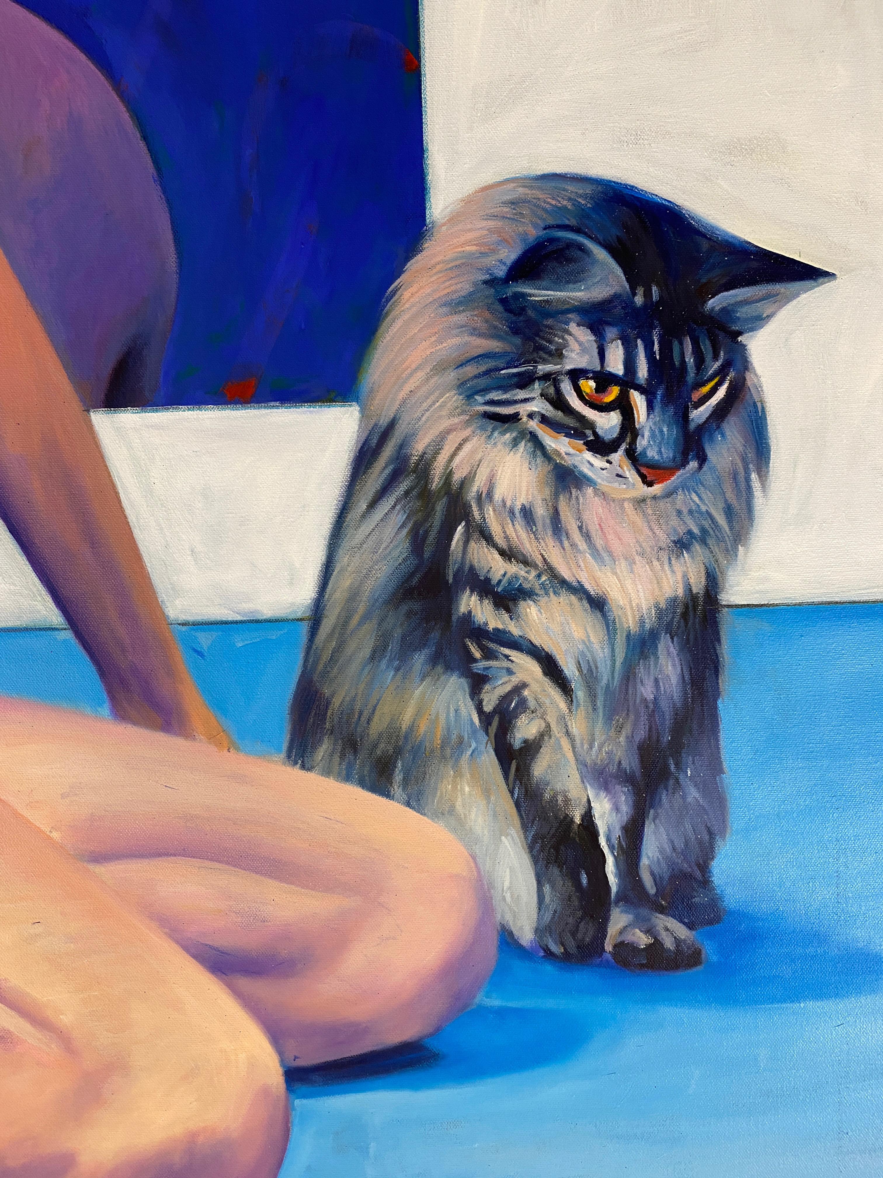 Sitzende weibliche und Katze, Ölgemälde auf Leinwand, George Oswalt im Angebot 3