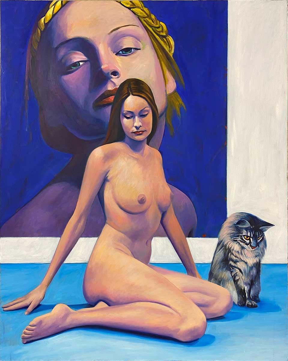 'Nude Seated Female & Cat - Post Modern Pop', by George Oswalt is a 60 x 48 x 1.75 inch Oil on Canvas Painting depicting three figures within an architectural space. A seated nude female and a housecat occupy the foreground of the space. Their gazes