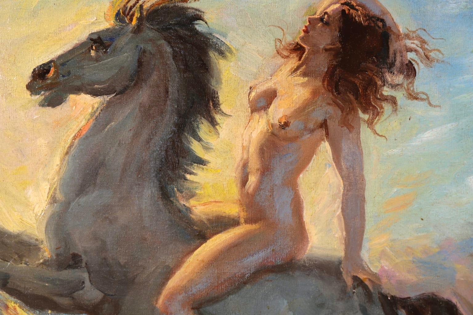 A stunning oil on board by British symbolist painter George Owen Wynne Apperley depicting a beautiful nude woman on horseback as the horse gallops through the waves of the sea with the sun setting behind them.

Signature:
Signed lower left &