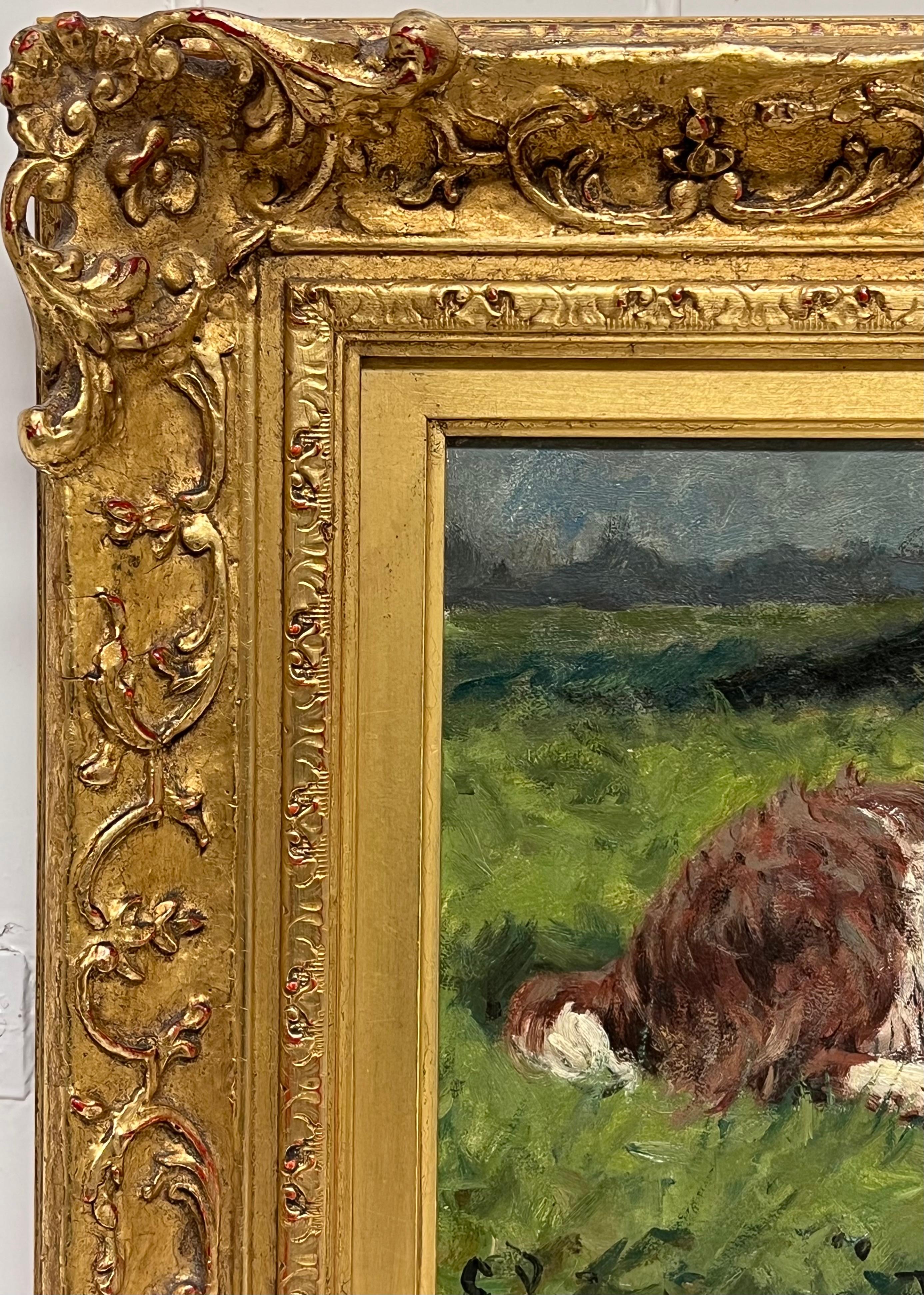 Antique English Dog Oil Painting Portrait of Springer Spaniel Titled  Dated 1920 - Brown Landscape Painting by George Paice