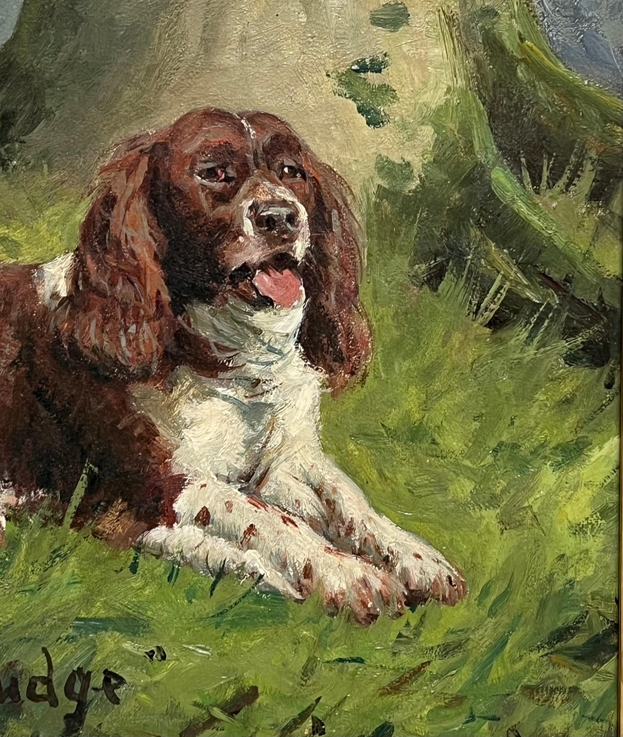 Antique English Dog Oil Painting Portrait of Springer Spaniel Titled  Dated 1920 For Sale 4