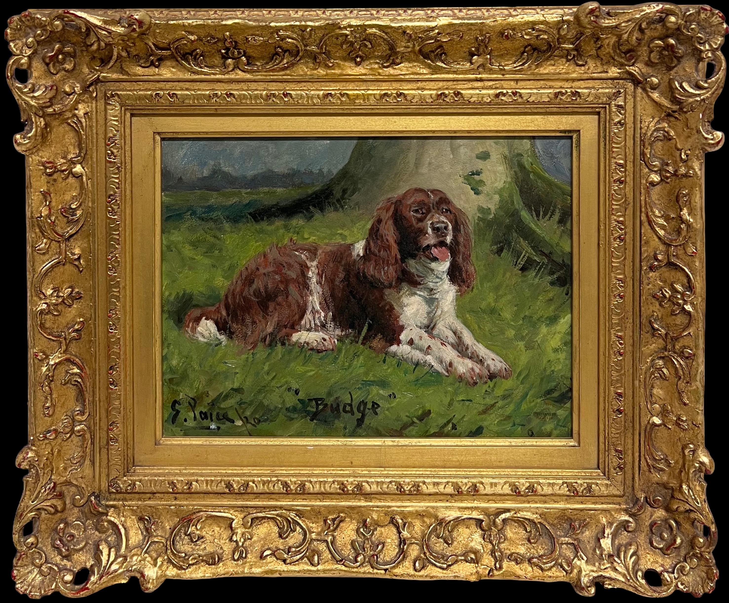 George Paice Landscape Painting - Antique English Dog Oil Painting Portrait of Springer Spaniel Titled  Dated 1920