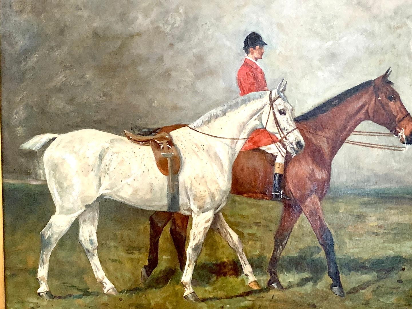 19th century English Antique Huntsman on his horse in a landscape - Painting by George Paice