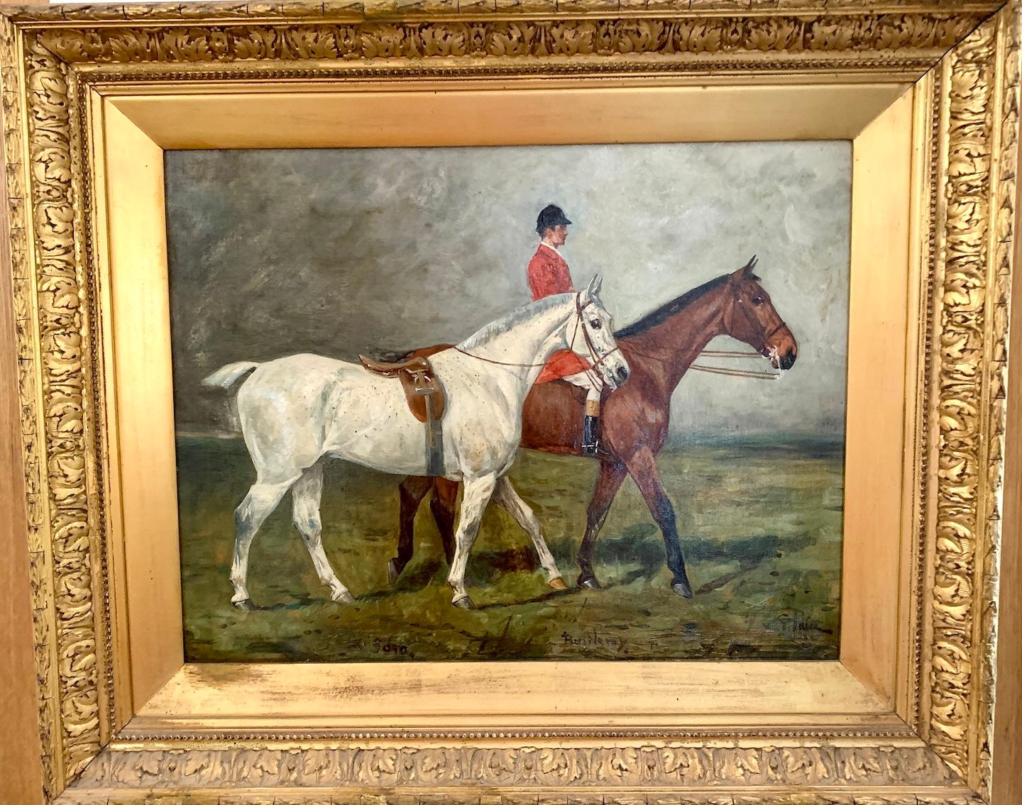 George Paice Figurative Painting - 19th century English Antique Huntsman on his horse in a landscape