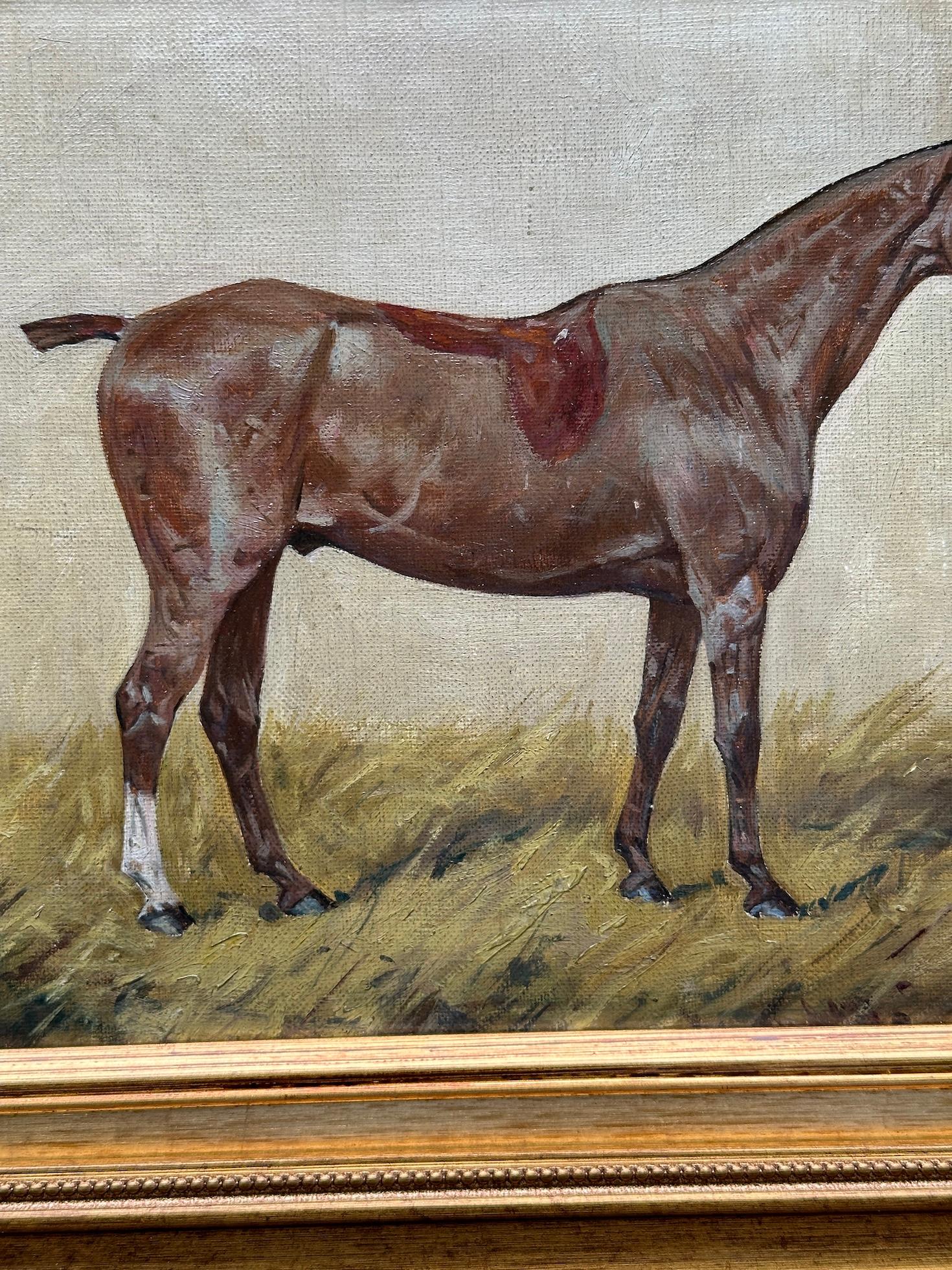 Este retrato de principios del siglo XX de un poni de polo, obra del estimado artista inglés George Paice, es una exquisita representación del arte equino, que muestra la notable habilidad de Paice para captar la elegancia, la fuerza y la refinada