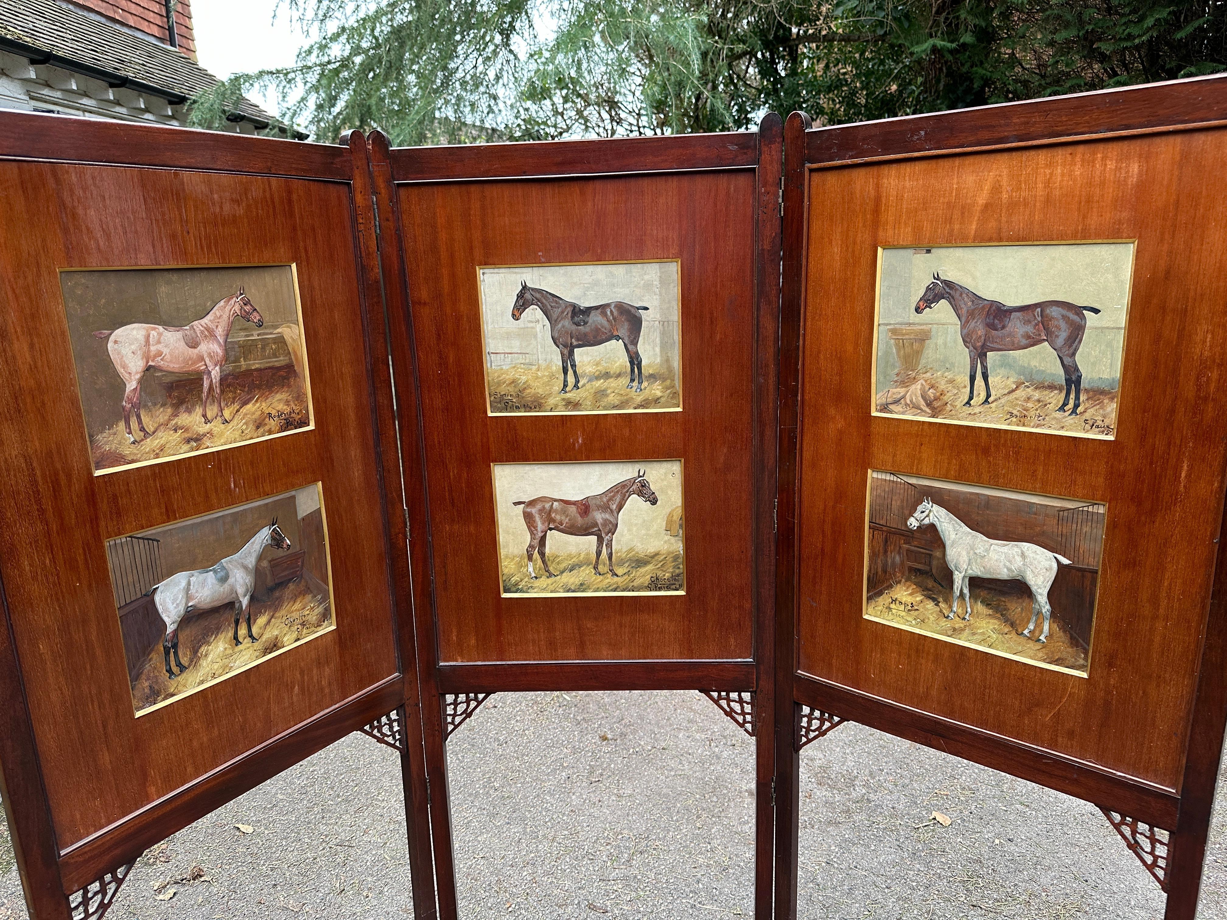 George Paice Portrait Painting - English Antique Bedroom screen set with 6 Polo Ponies in stables