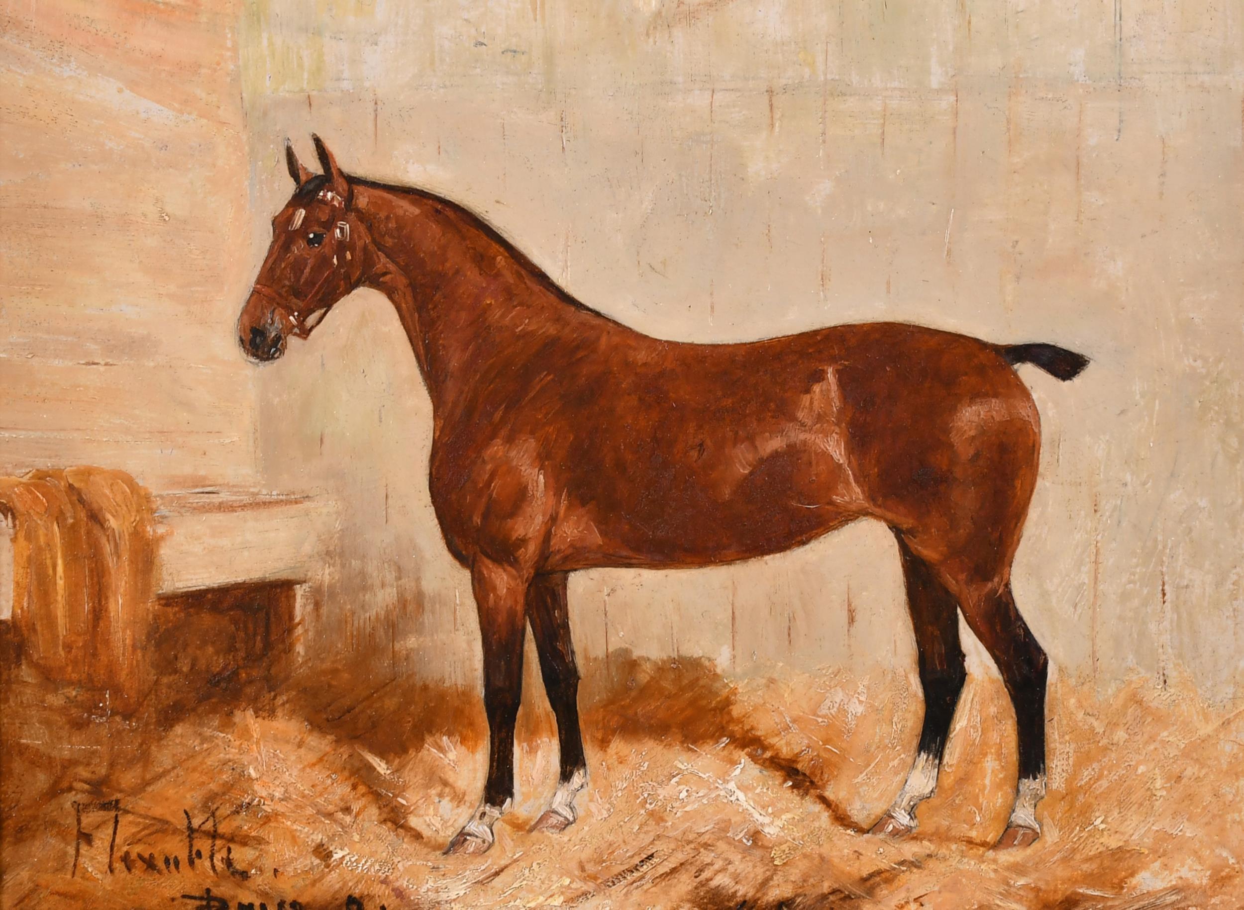 Peinture à l'huile ancienne d'un portrait de cheval dans une écurie britannique, 1891